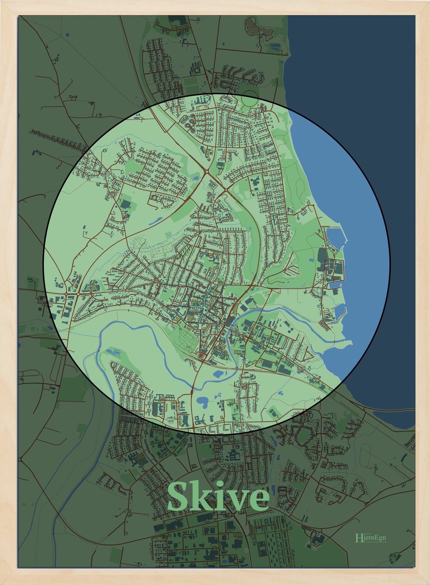 Skive plakat i farve pastel grøn og HjemEgn.dk design centrum. Design bykort for Skive