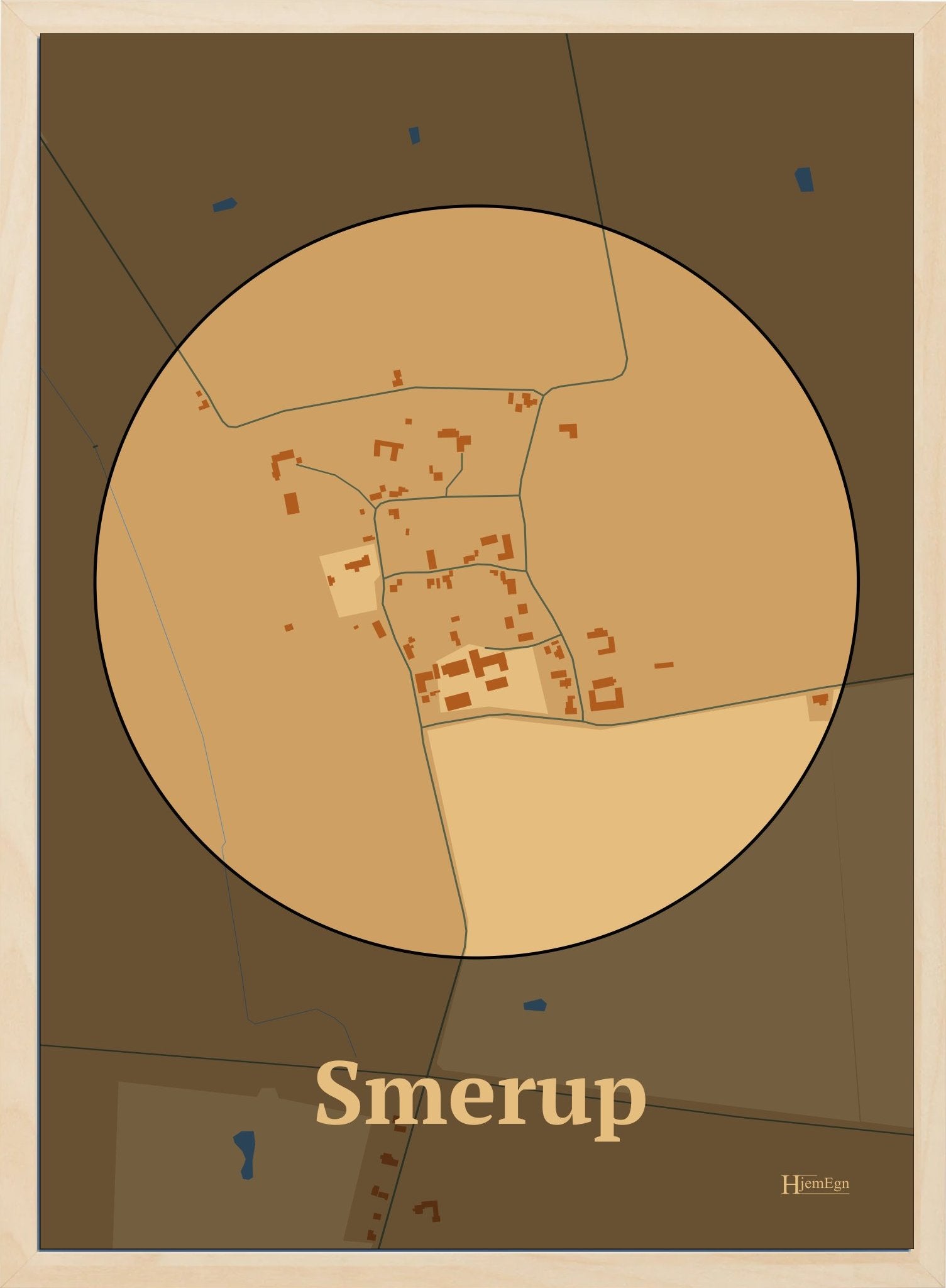 Smerup plakat i farve pastel brun og HjemEgn.dk design centrum. Design bykort for Smerup