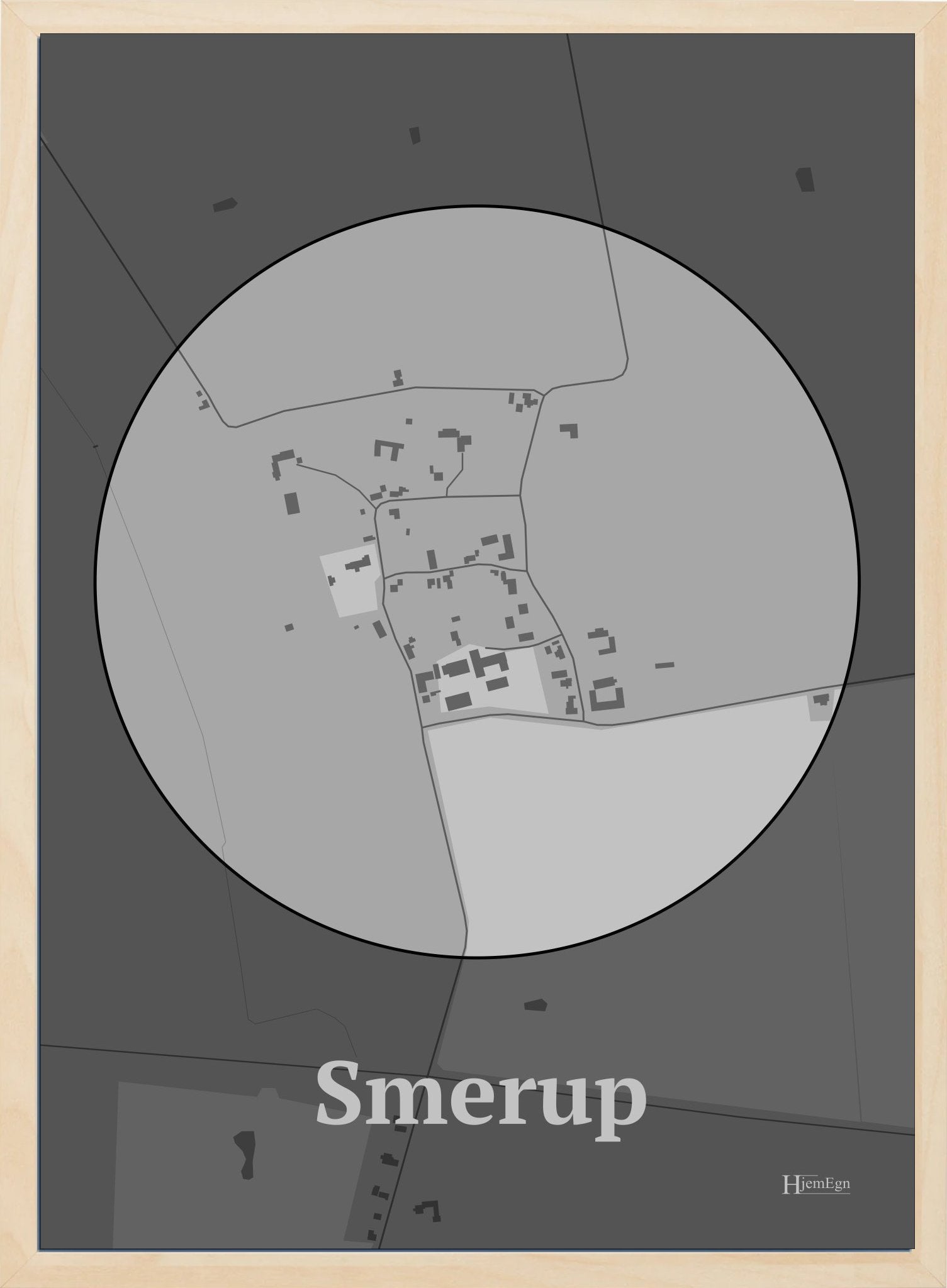 Smerup plakat i farve pastel grå og HjemEgn.dk design centrum. Design bykort for Smerup