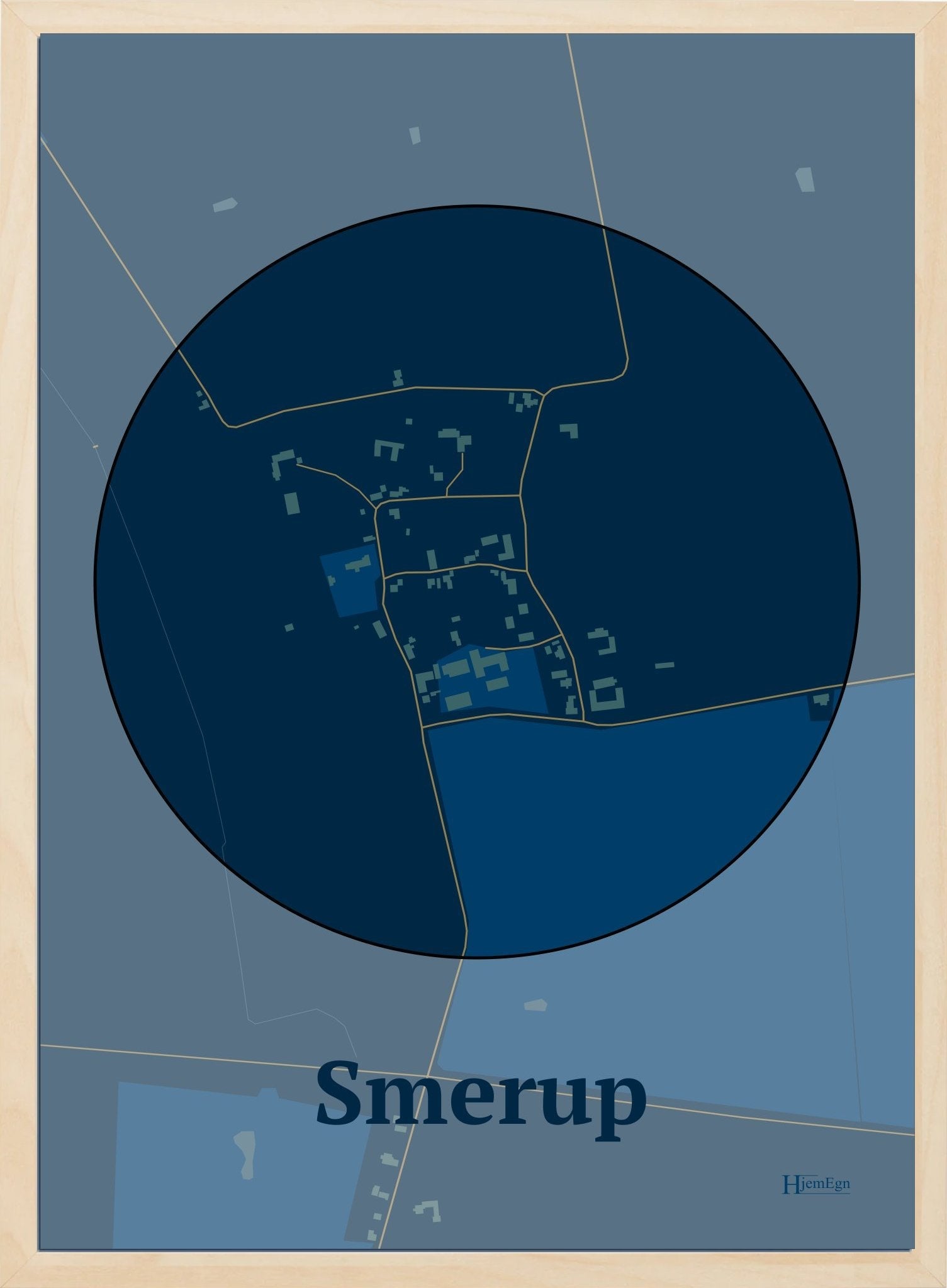 Smerup plakat i farve mørk blå og HjemEgn.dk design centrum. Design bykort for Smerup