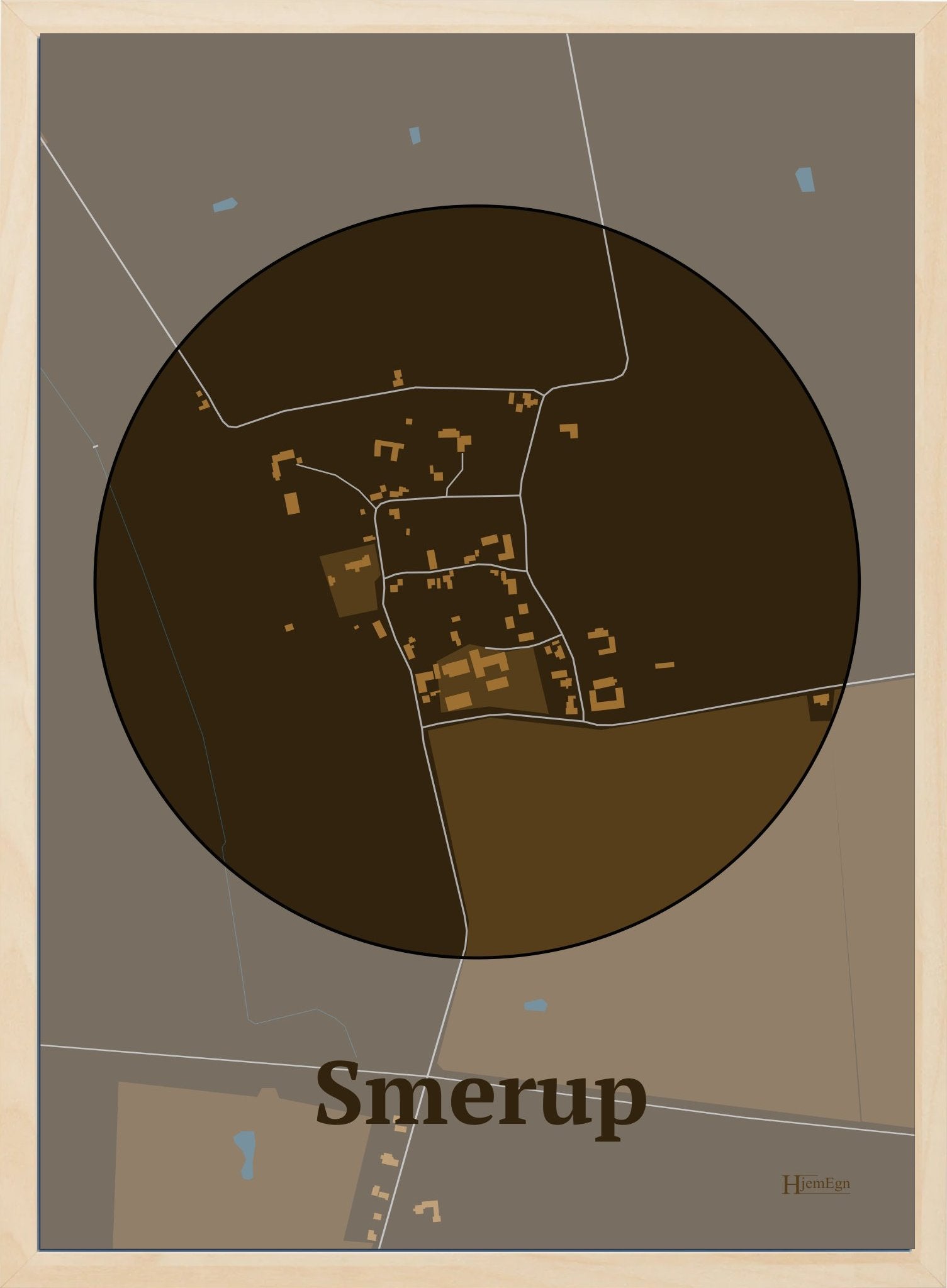 Smerup plakat i farve mørk brun og HjemEgn.dk design centrum. Design bykort for Smerup