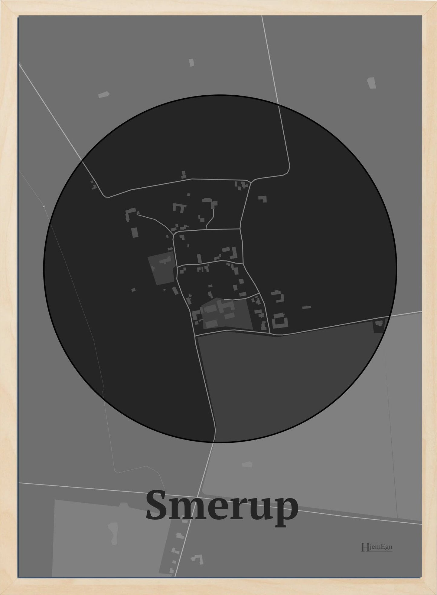 Smerup plakat i farve mørk grå og HjemEgn.dk design centrum. Design bykort for Smerup