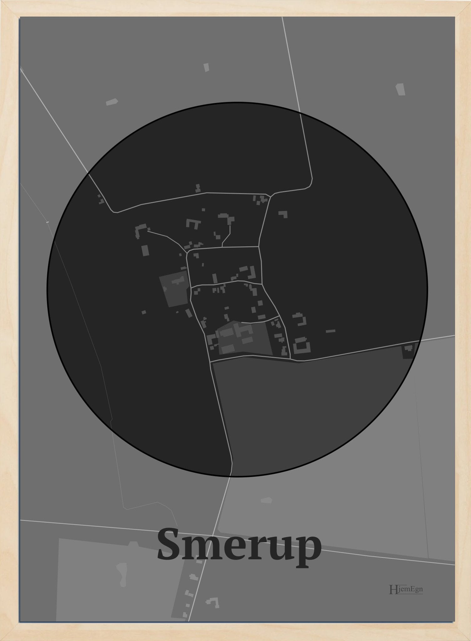Smerup plakat i farve mørk grå og HjemEgn.dk design centrum. Design bykort for Smerup
