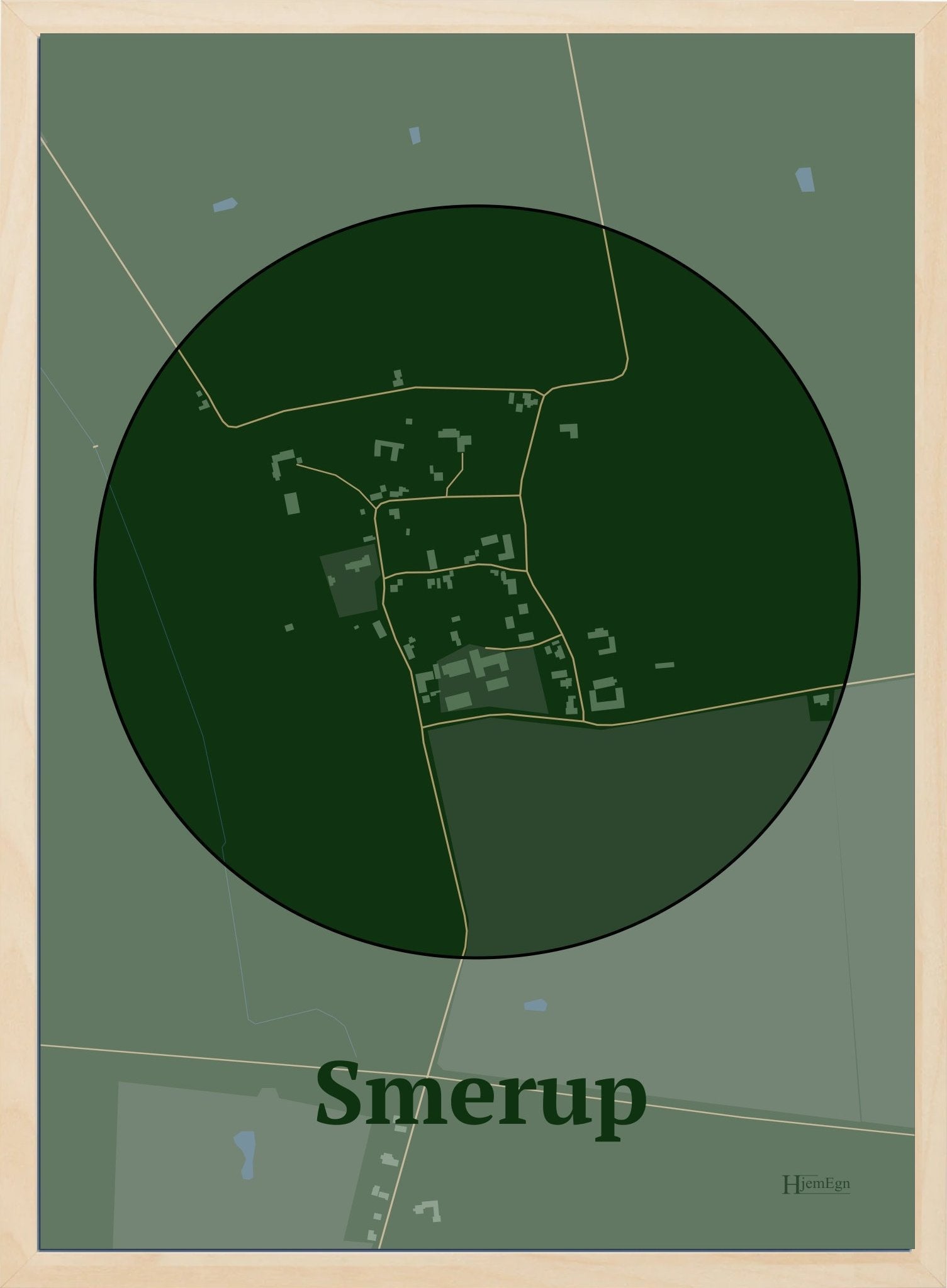 Smerup plakat i farve mørk grøn og HjemEgn.dk design centrum. Design bykort for Smerup