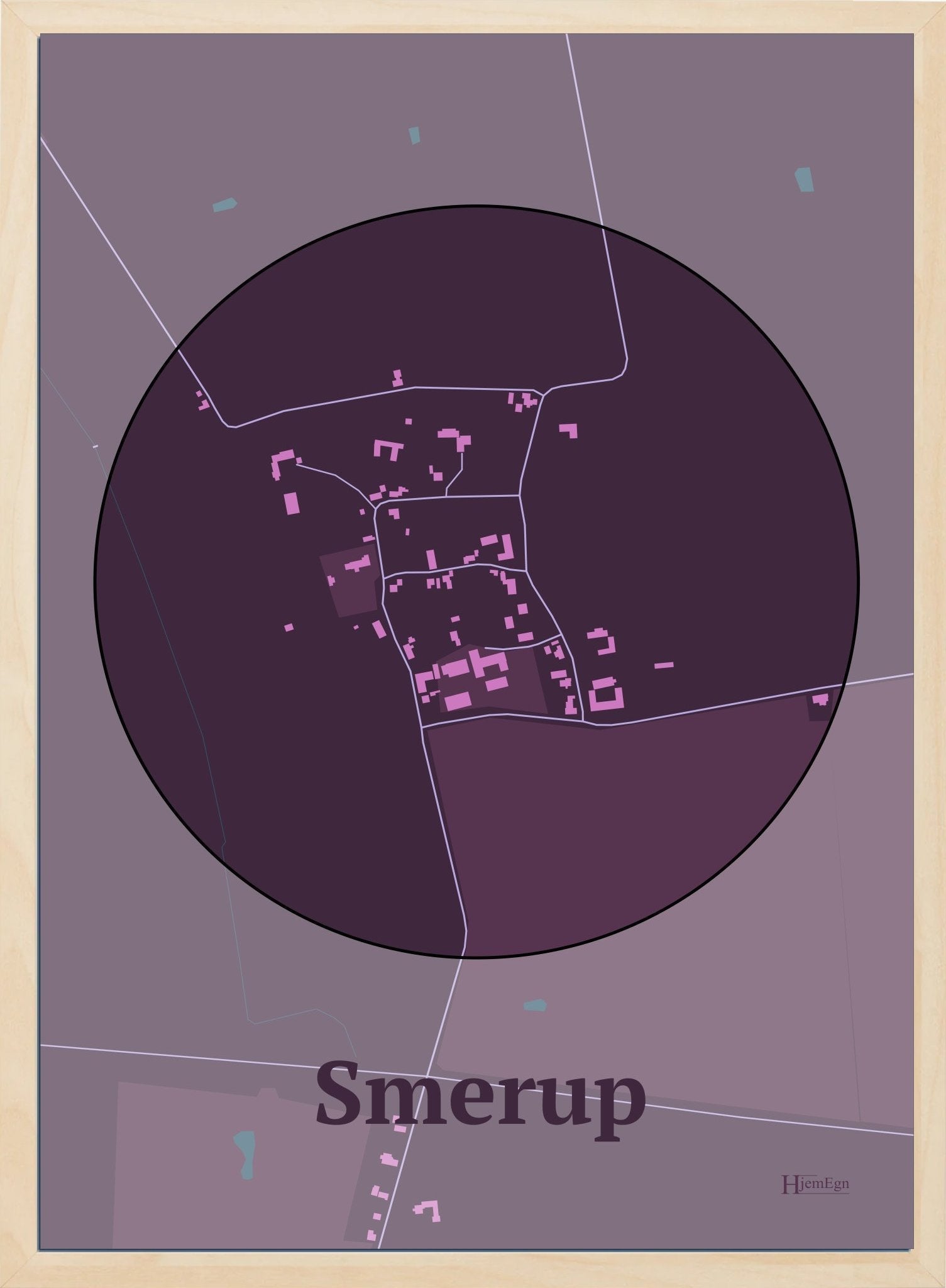 Smerup plakat i farve mørk rød og HjemEgn.dk design centrum. Design bykort for Smerup