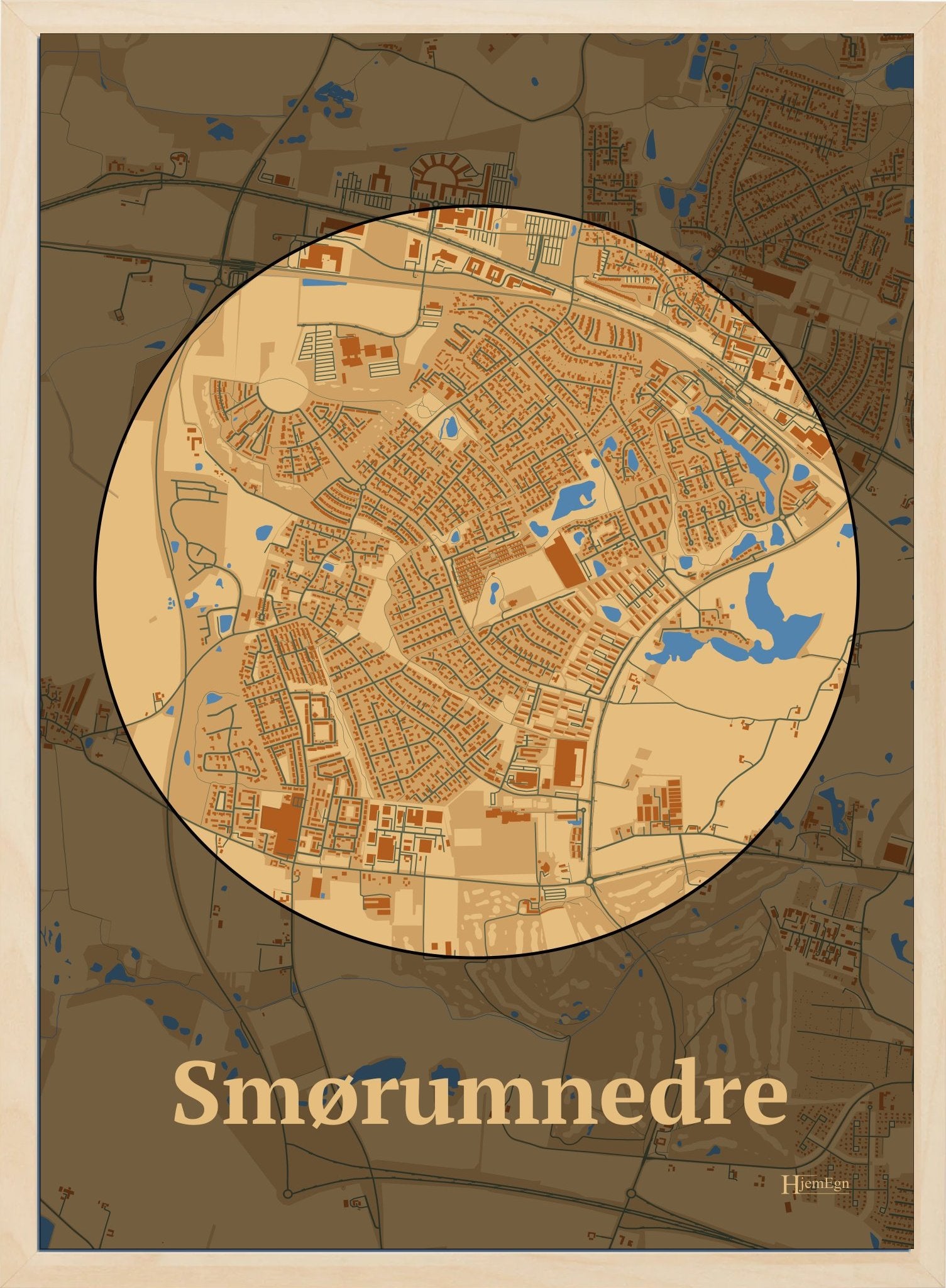 Smørumnedre plakat i farve pastel brun og HjemEgn.dk design centrum. Design bykort for Smørumnedre
