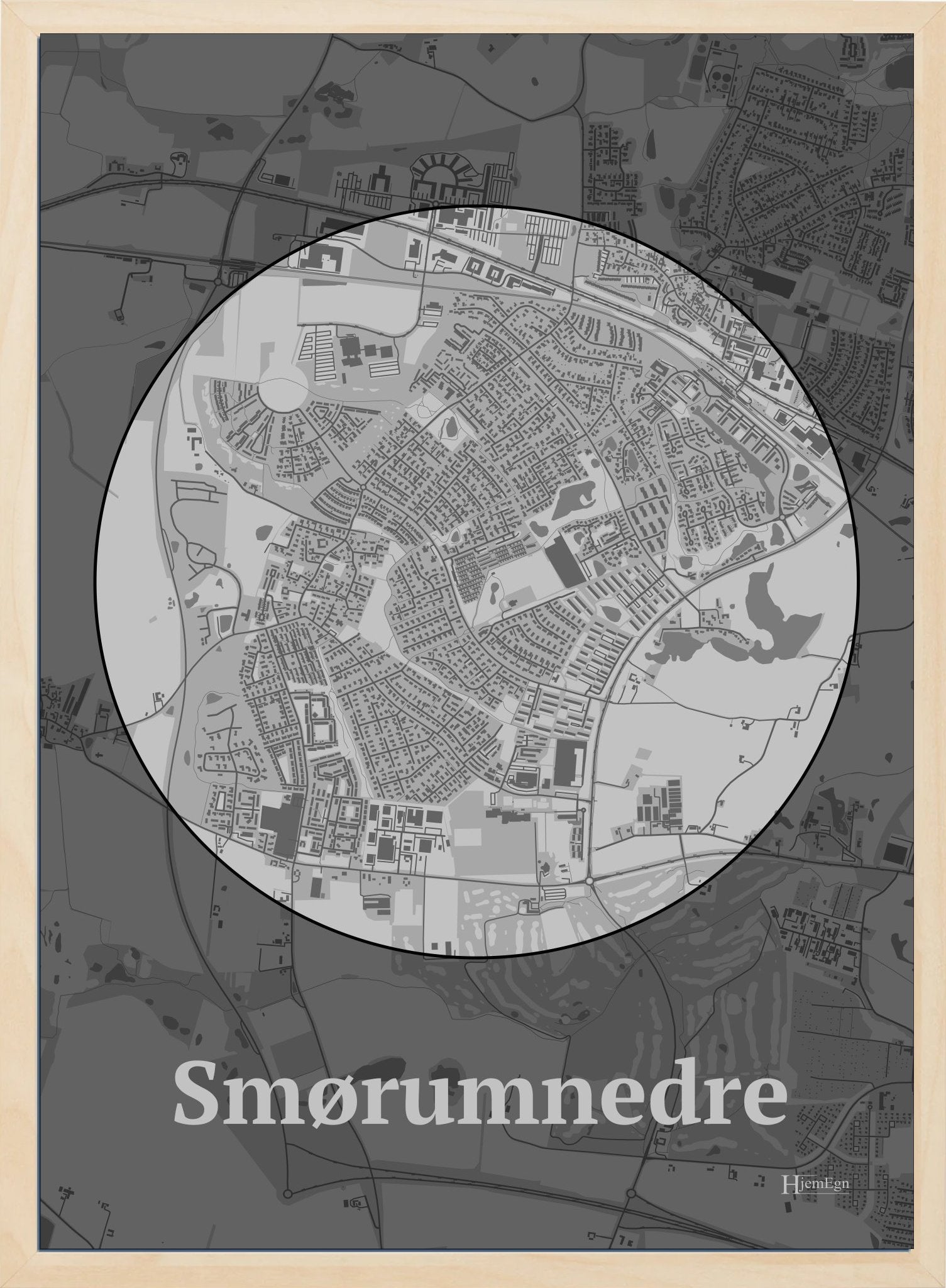 Smørumnedre plakat i farve pastel grå og HjemEgn.dk design centrum. Design bykort for Smørumnedre