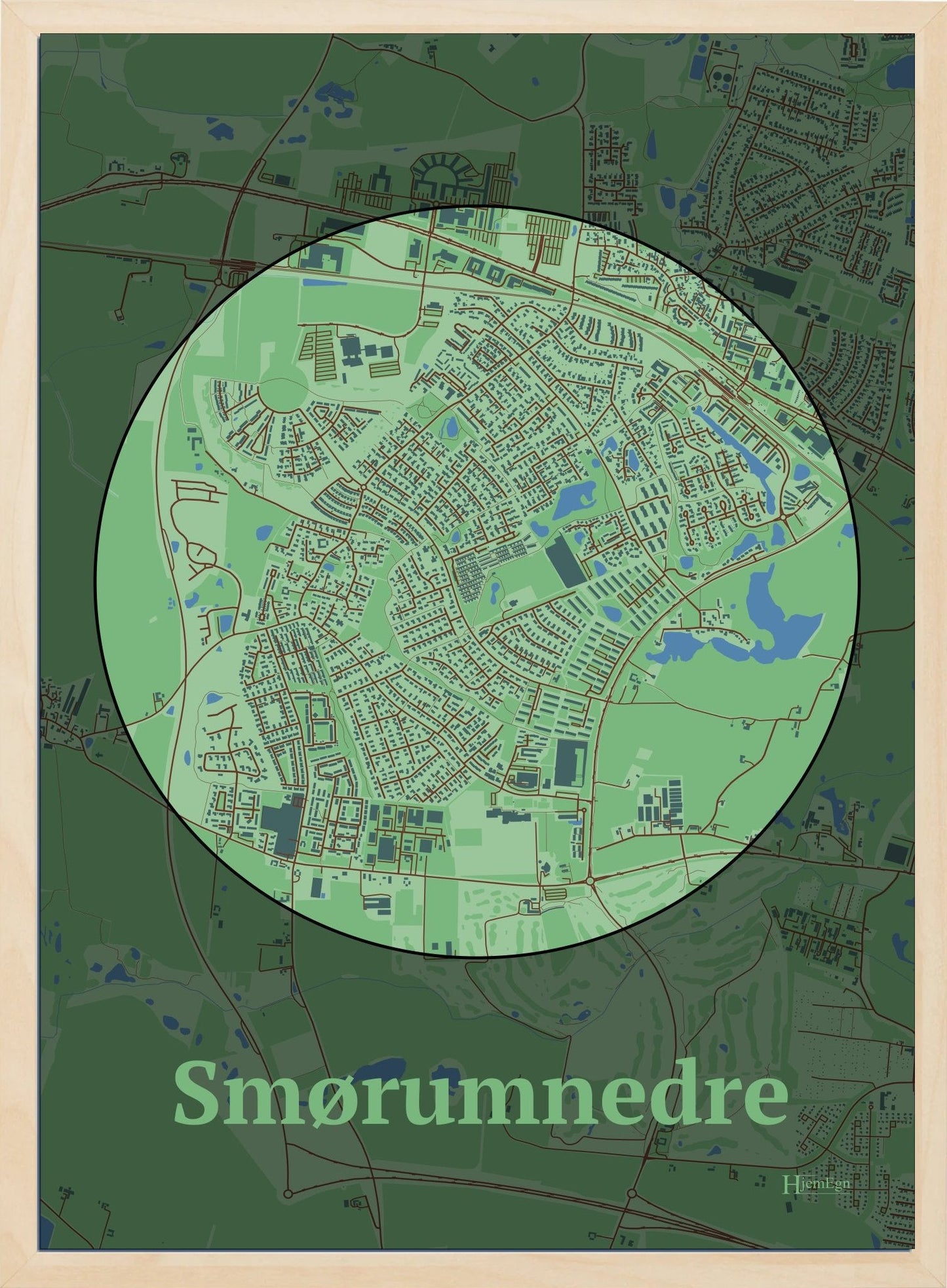 Smørumnedre plakat i farve pastel grøn og HjemEgn.dk design centrum. Design bykort for Smørumnedre