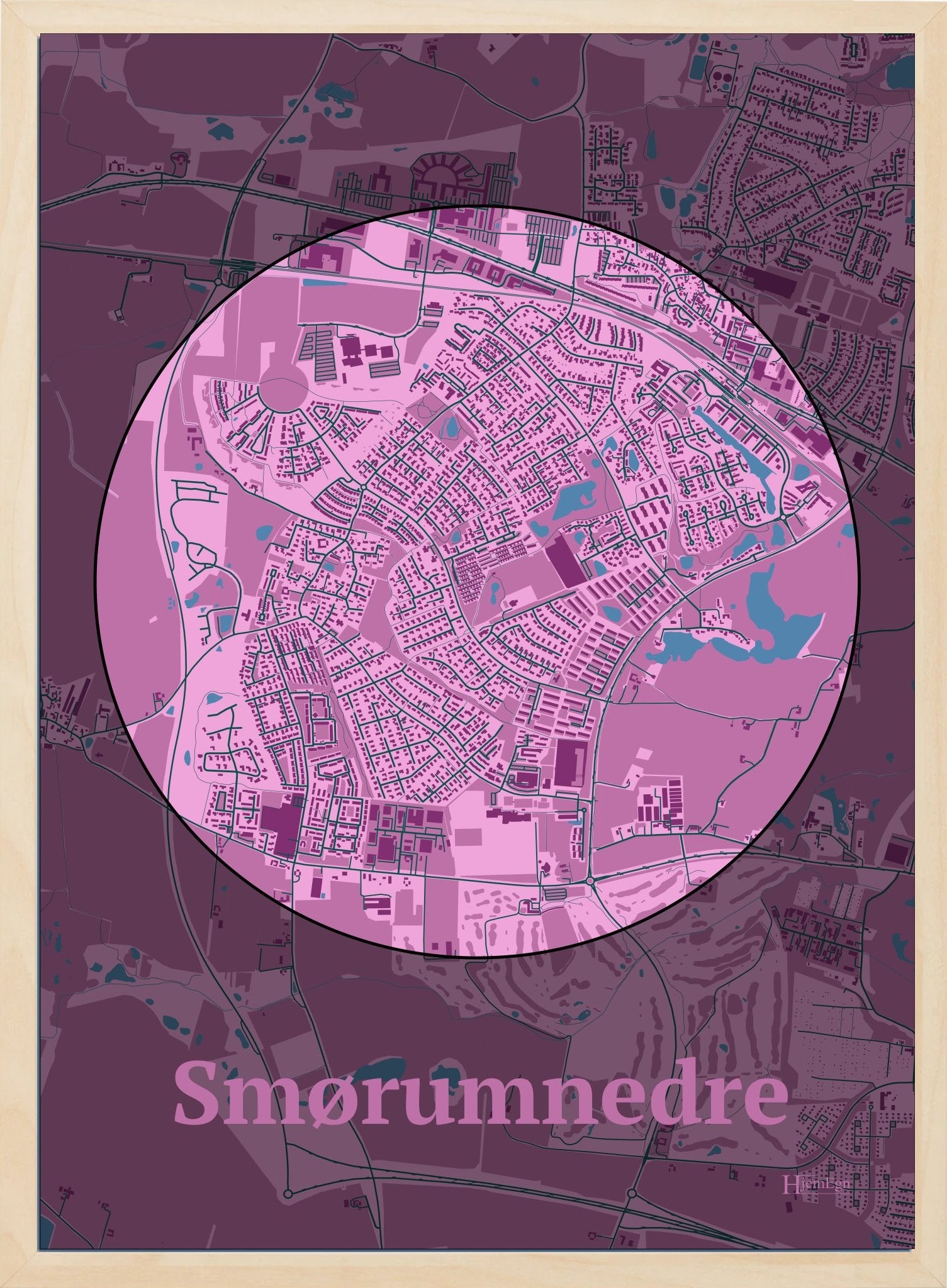 Smørumnedre plakat i farve pastel rød og HjemEgn.dk design centrum. Design bykort for Smørumnedre