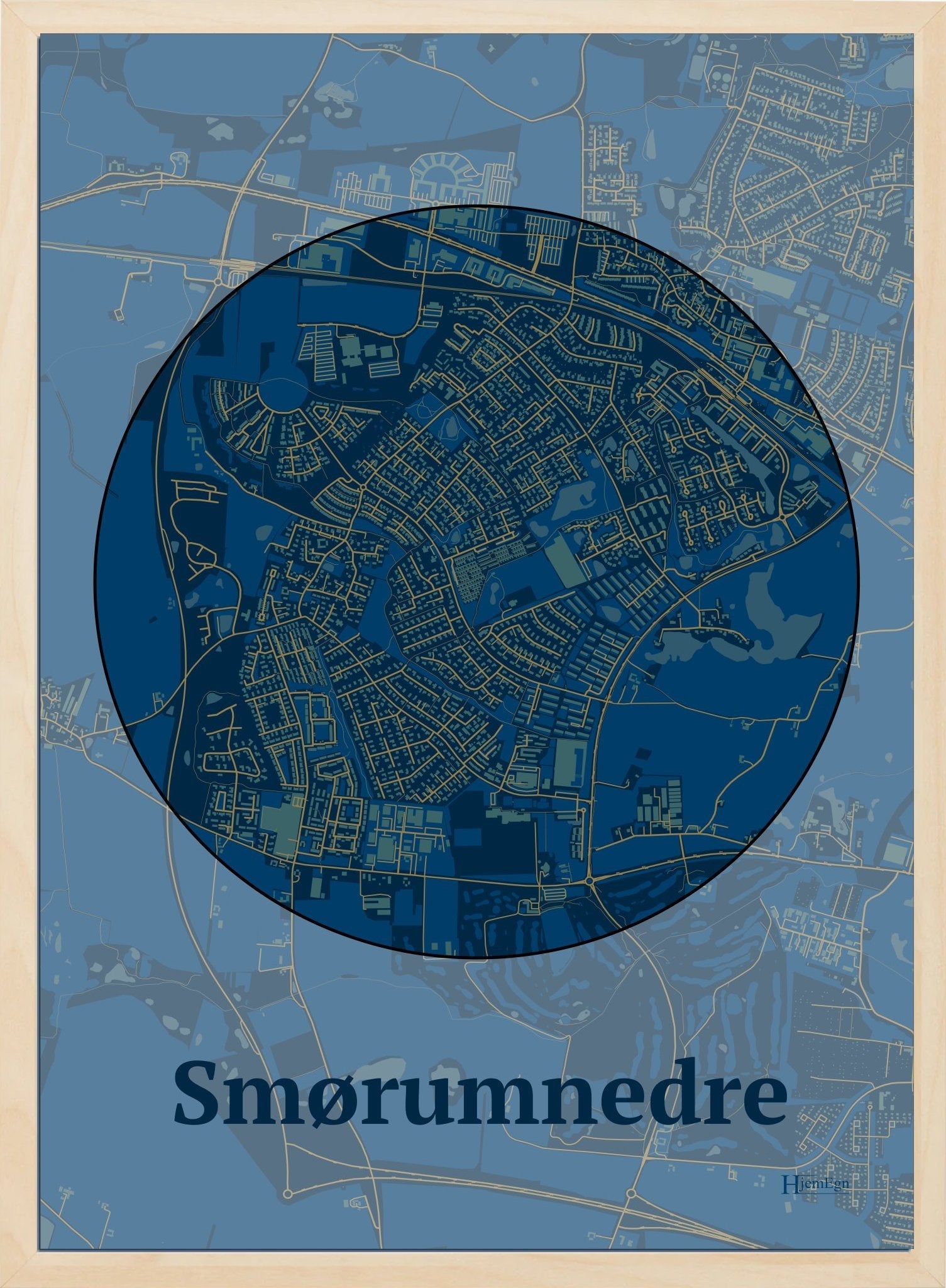 Smørumnedre plakat i farve mørk blå og HjemEgn.dk design centrum. Design bykort for Smørumnedre
