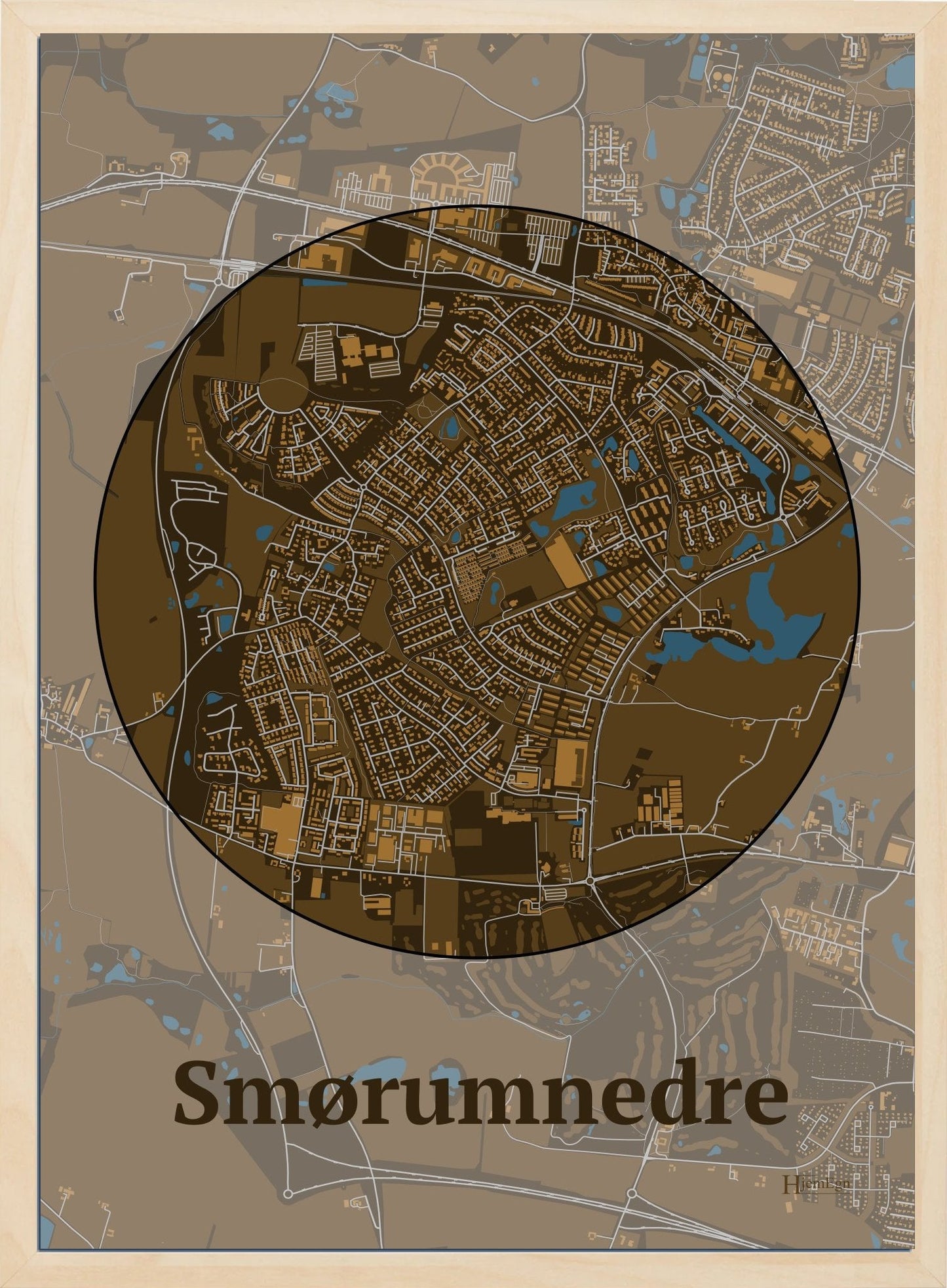 Smørumnedre plakat i farve mørk brun og HjemEgn.dk design centrum. Design bykort for Smørumnedre