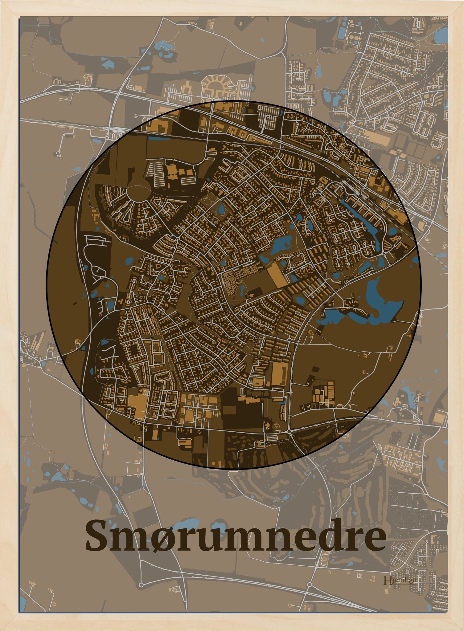 Smørumnedre plakat i farve mørk brun og HjemEgn.dk design centrum. Design bykort for Smørumnedre