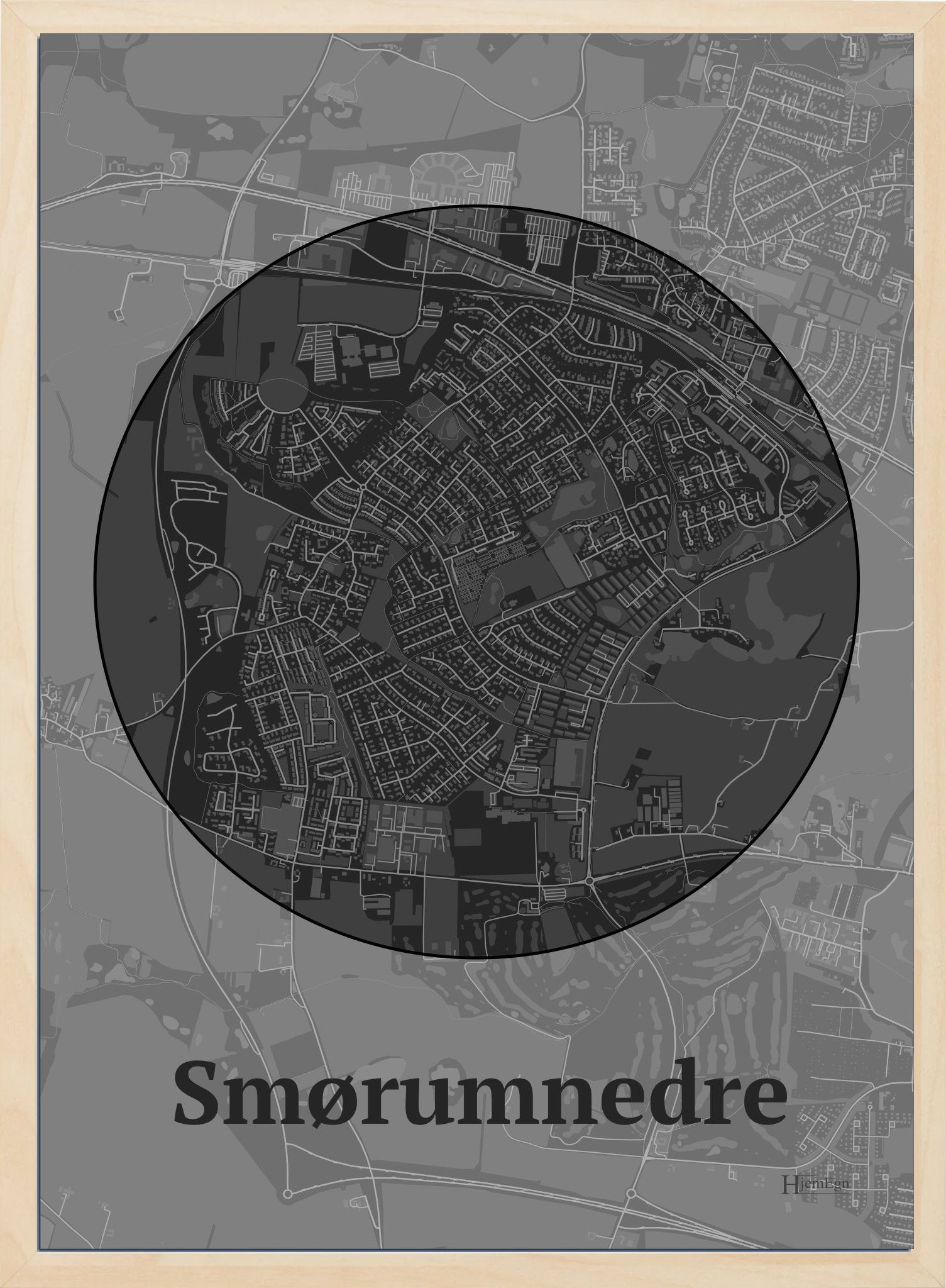 Smørumnedre plakat i farve mørk grå og HjemEgn.dk design centrum. Design bykort for Smørumnedre