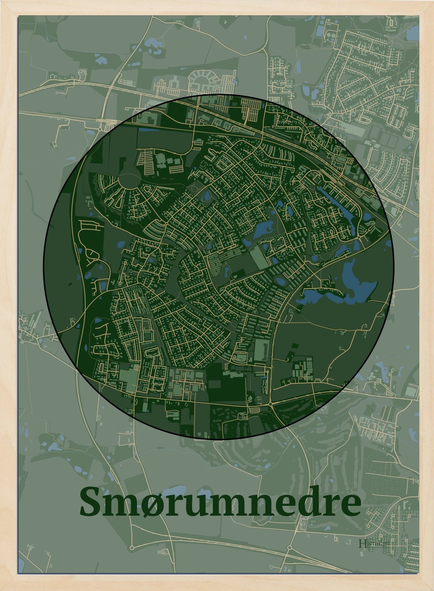 Smørumnedre plakat i farve mørk grøn og HjemEgn.dk design centrum. Design bykort for Smørumnedre