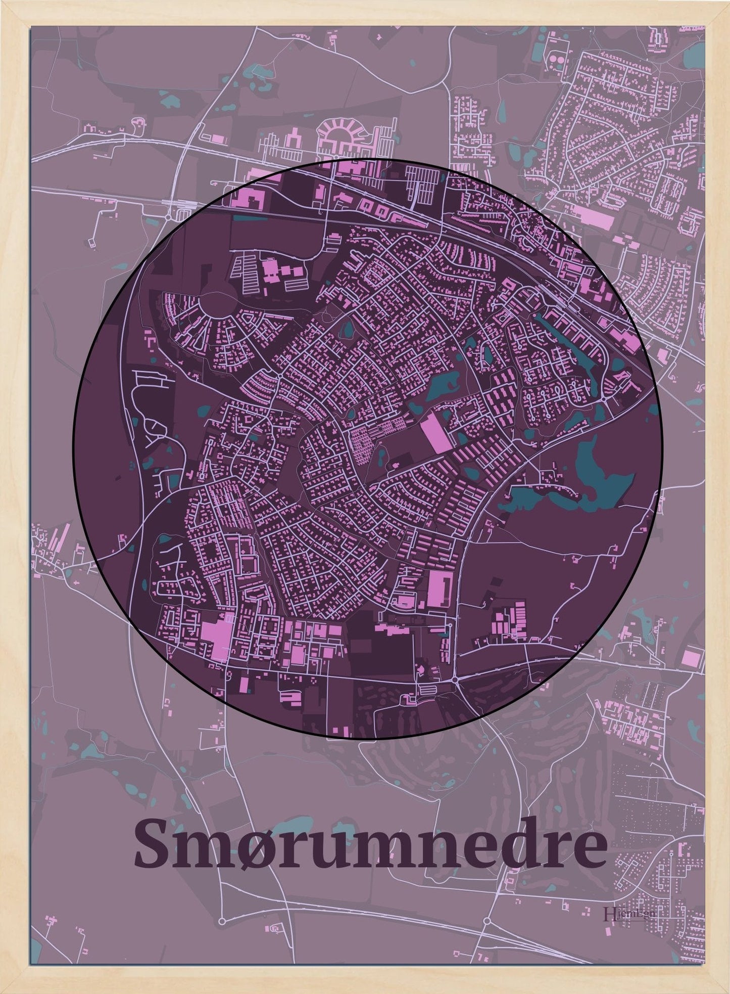 Smørumnedre plakat i farve mørk rød og HjemEgn.dk design centrum. Design bykort for Smørumnedre