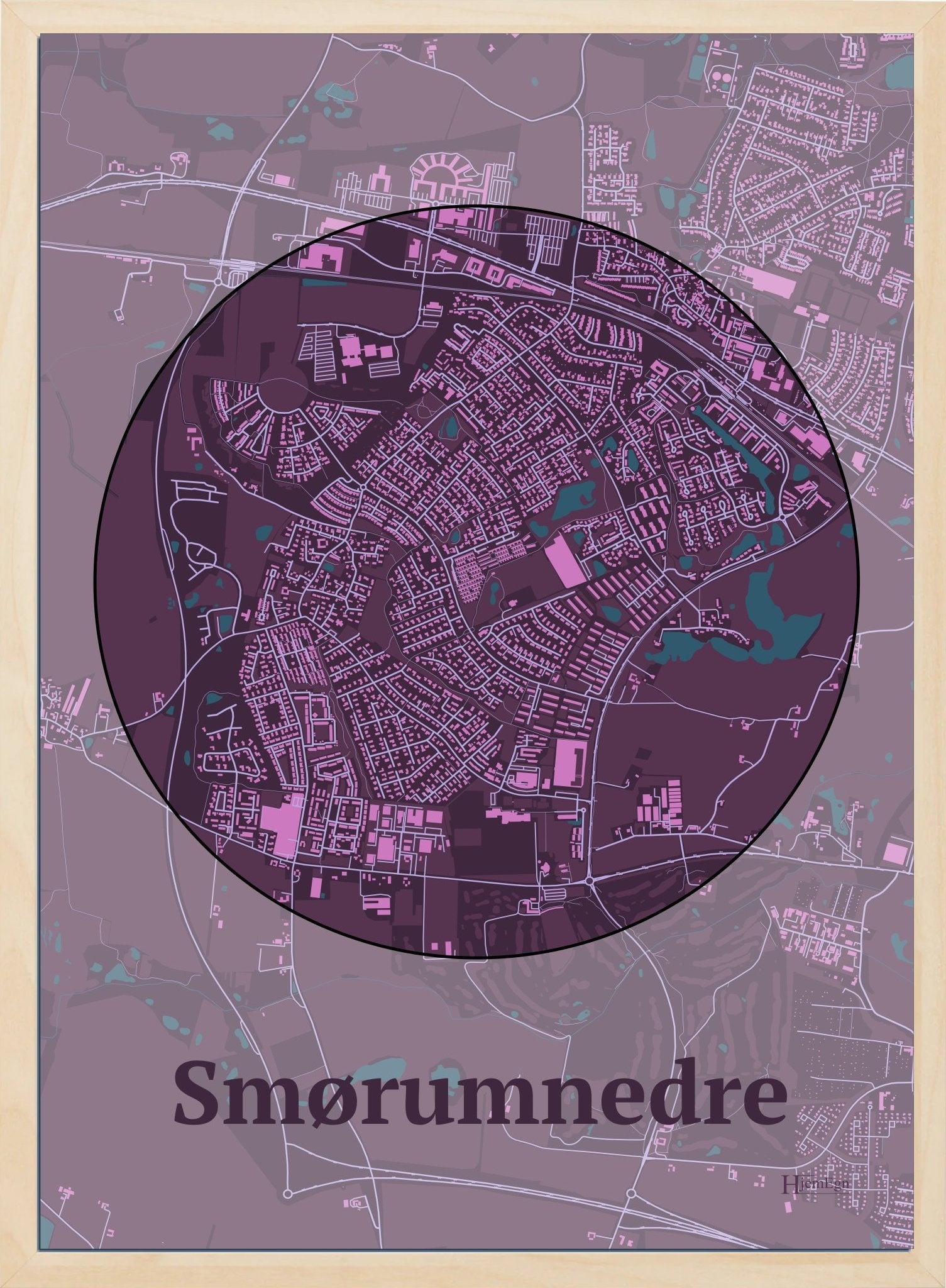 Smørumnedre plakat i farve mørk rød og HjemEgn.dk design centrum. Design bykort for Smørumnedre