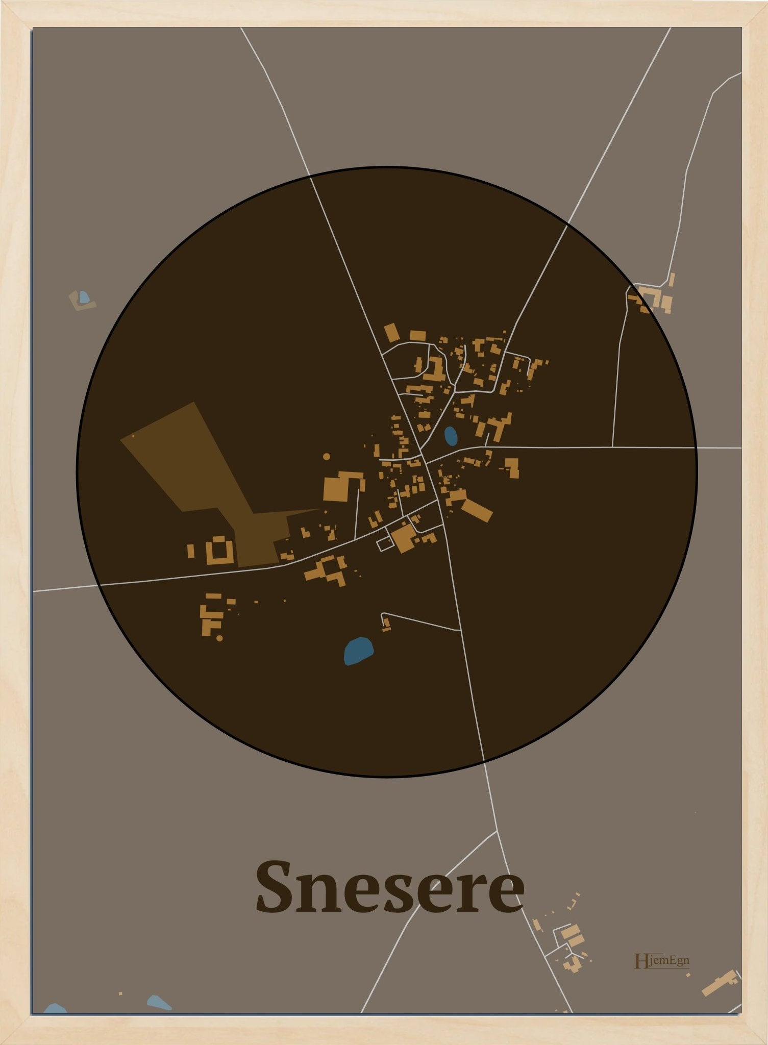 Snesere plakat i farve mørk brun og HjemEgn.dk design centrum. Design bykort for Snesere