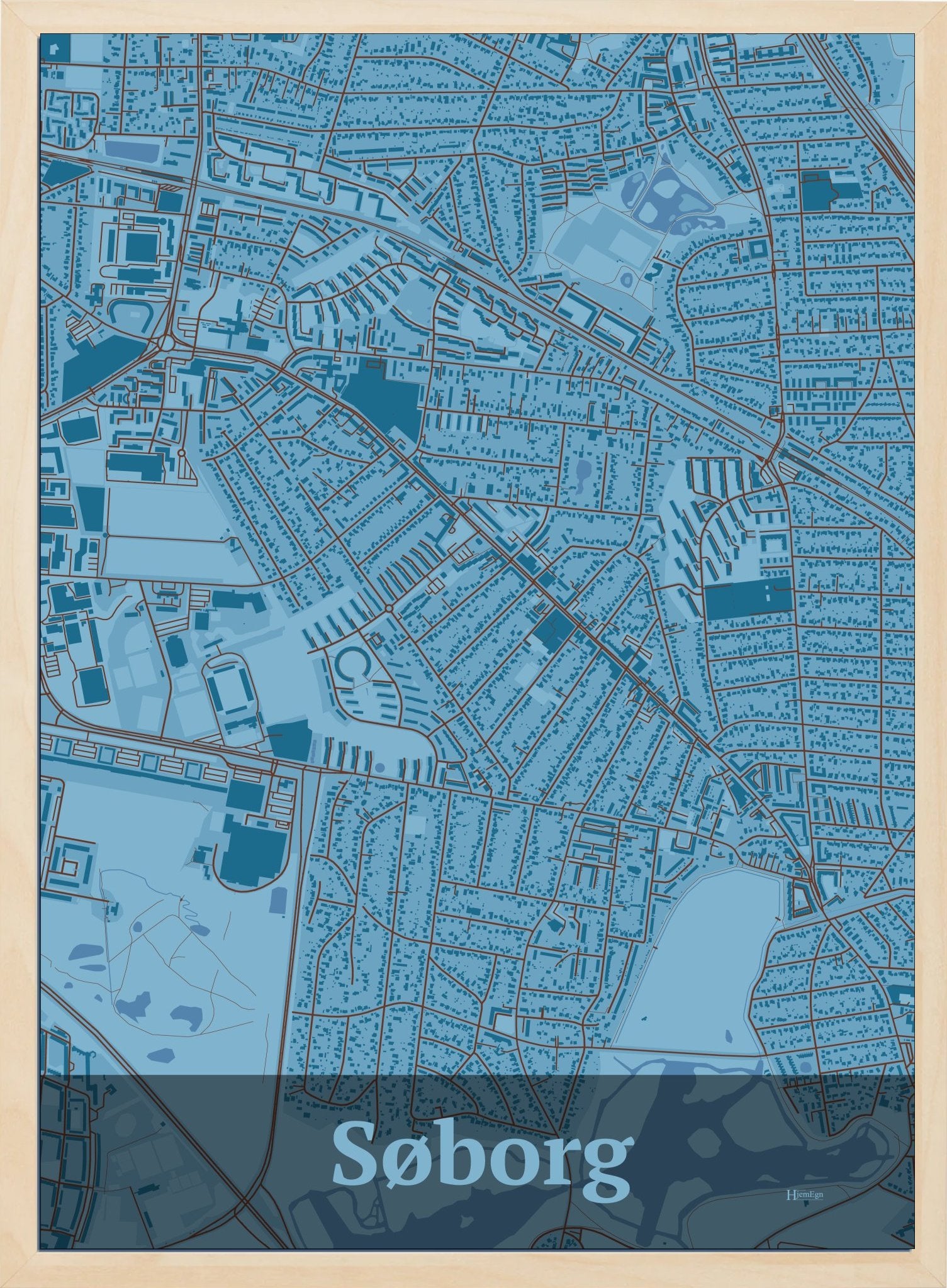 Søborg plakat i farve pastel blå og HjemEgn.dk design firkantet. Design bykort for Søborg