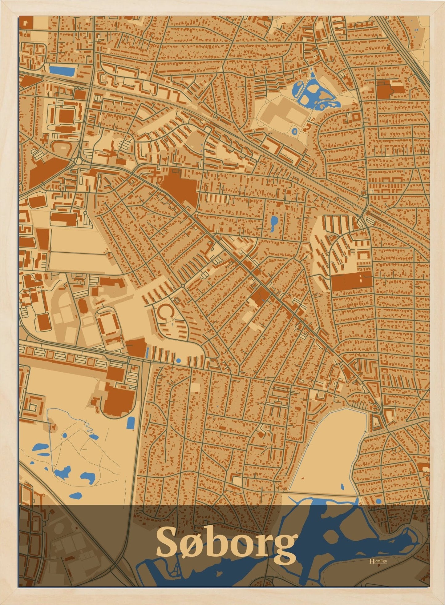 Søborg plakat i farve pastel brun og HjemEgn.dk design firkantet. Design bykort for Søborg