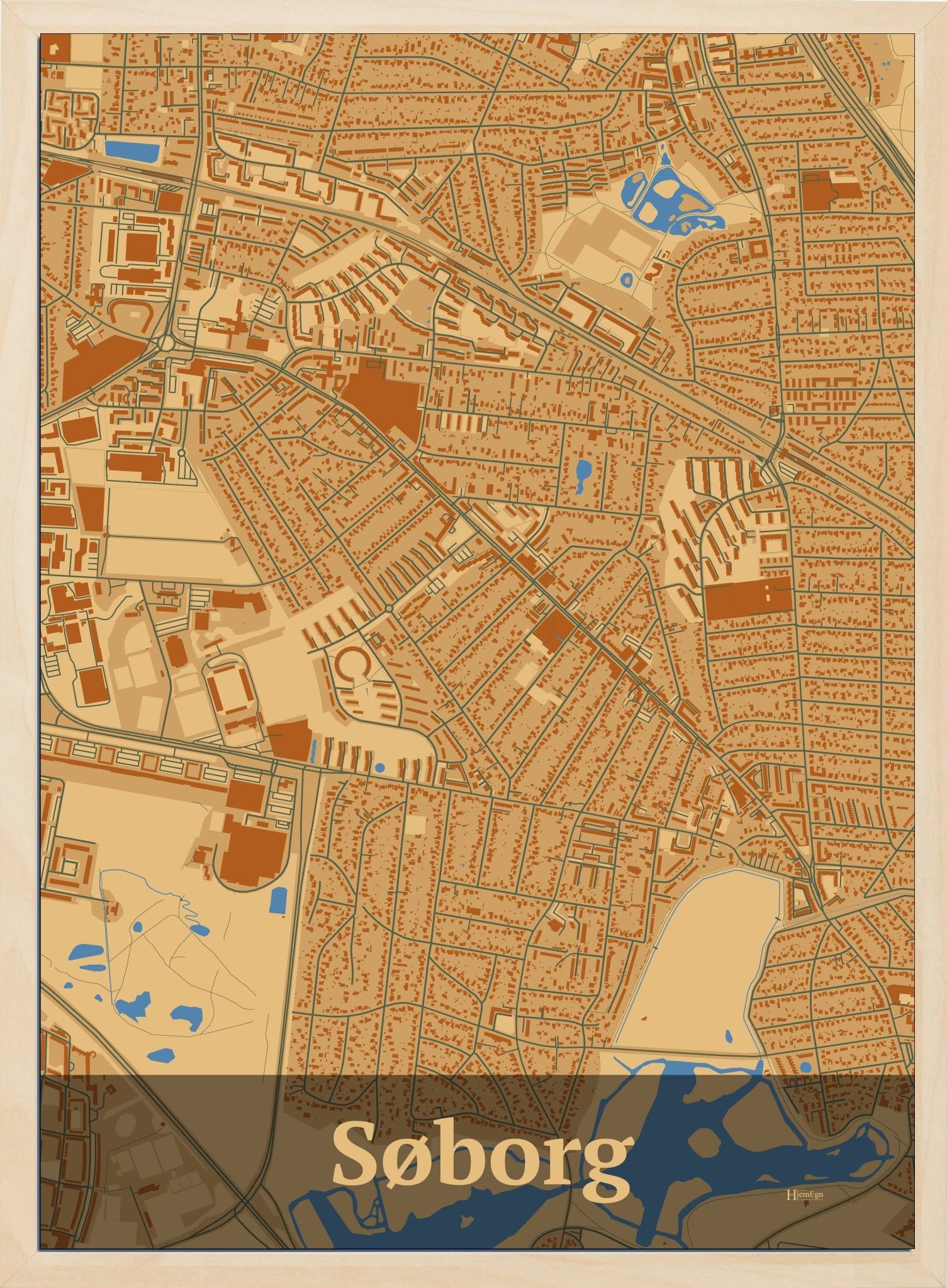 Søborg plakat i farve pastel brun og HjemEgn.dk design firkantet. Design bykort for Søborg
