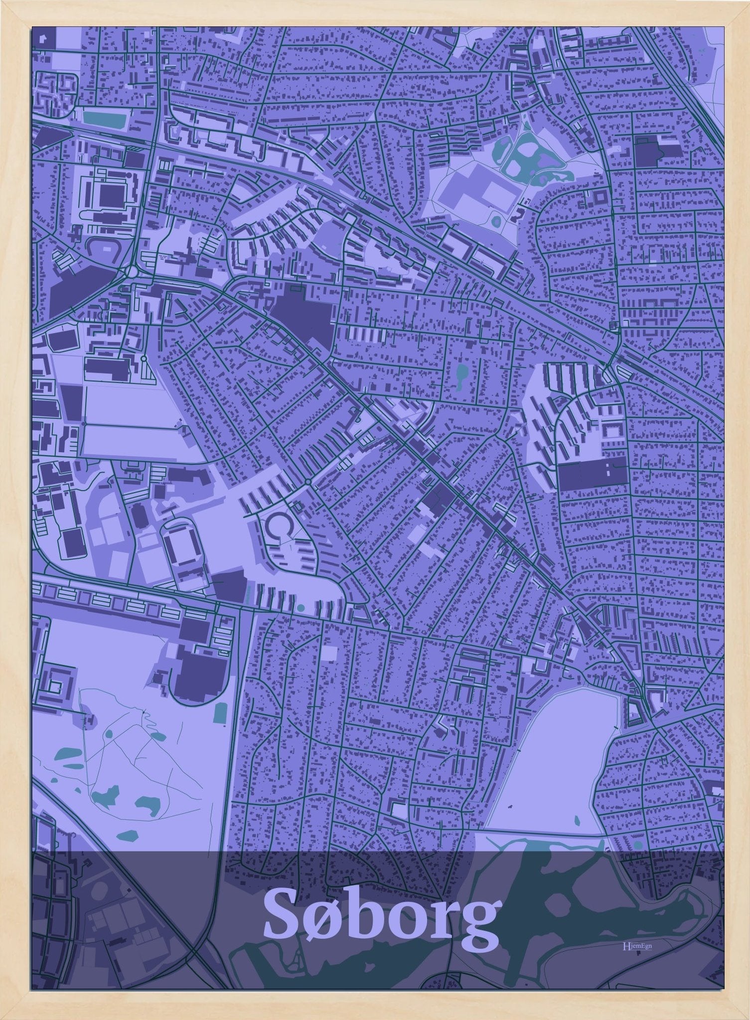 Søborg plakat i farve pastel lilla og HjemEgn.dk design firkantet. Design bykort for Søborg
