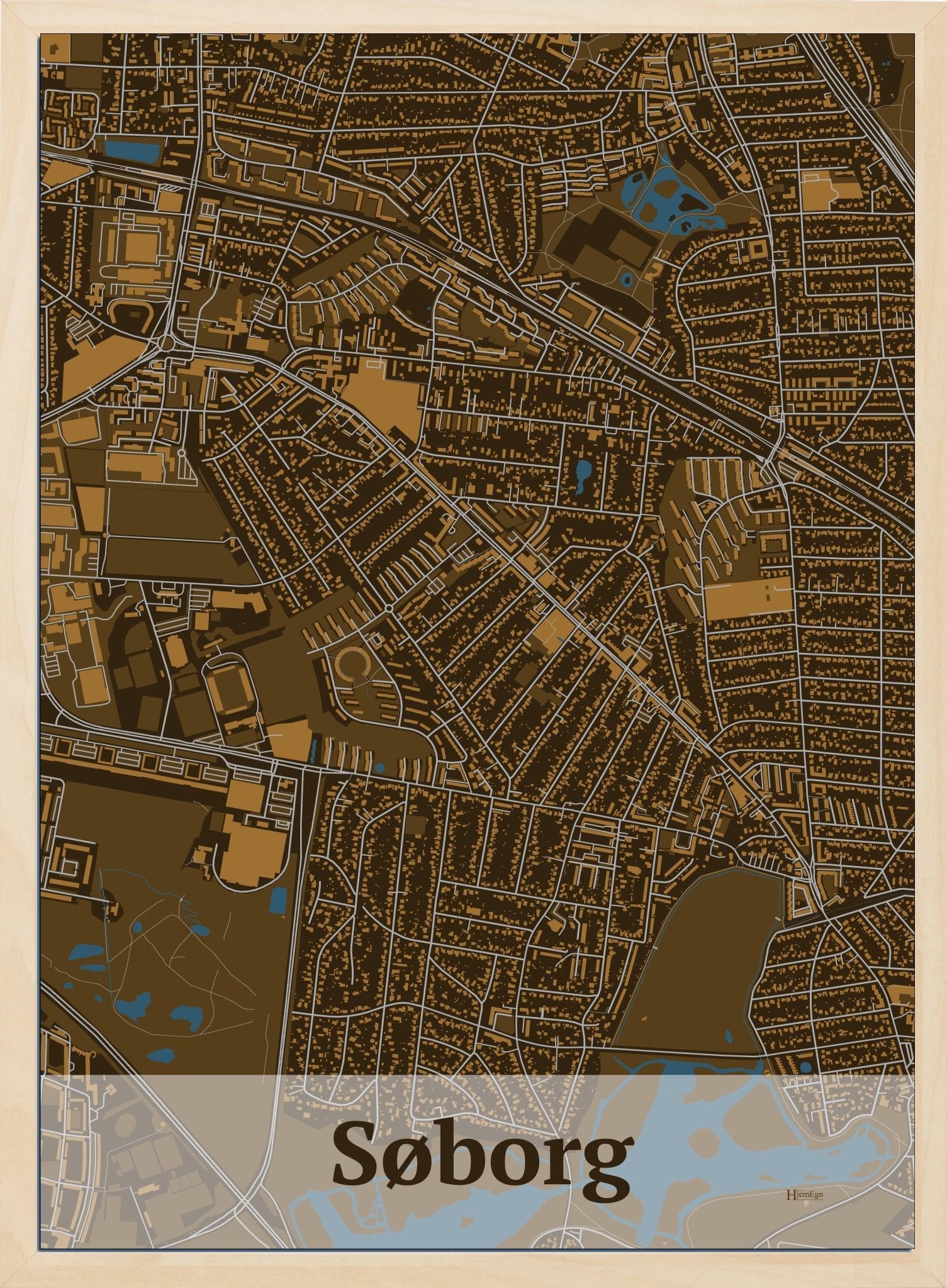 Søborg plakat i farve mørk brun og HjemEgn.dk design firkantet. Design bykort for Søborg