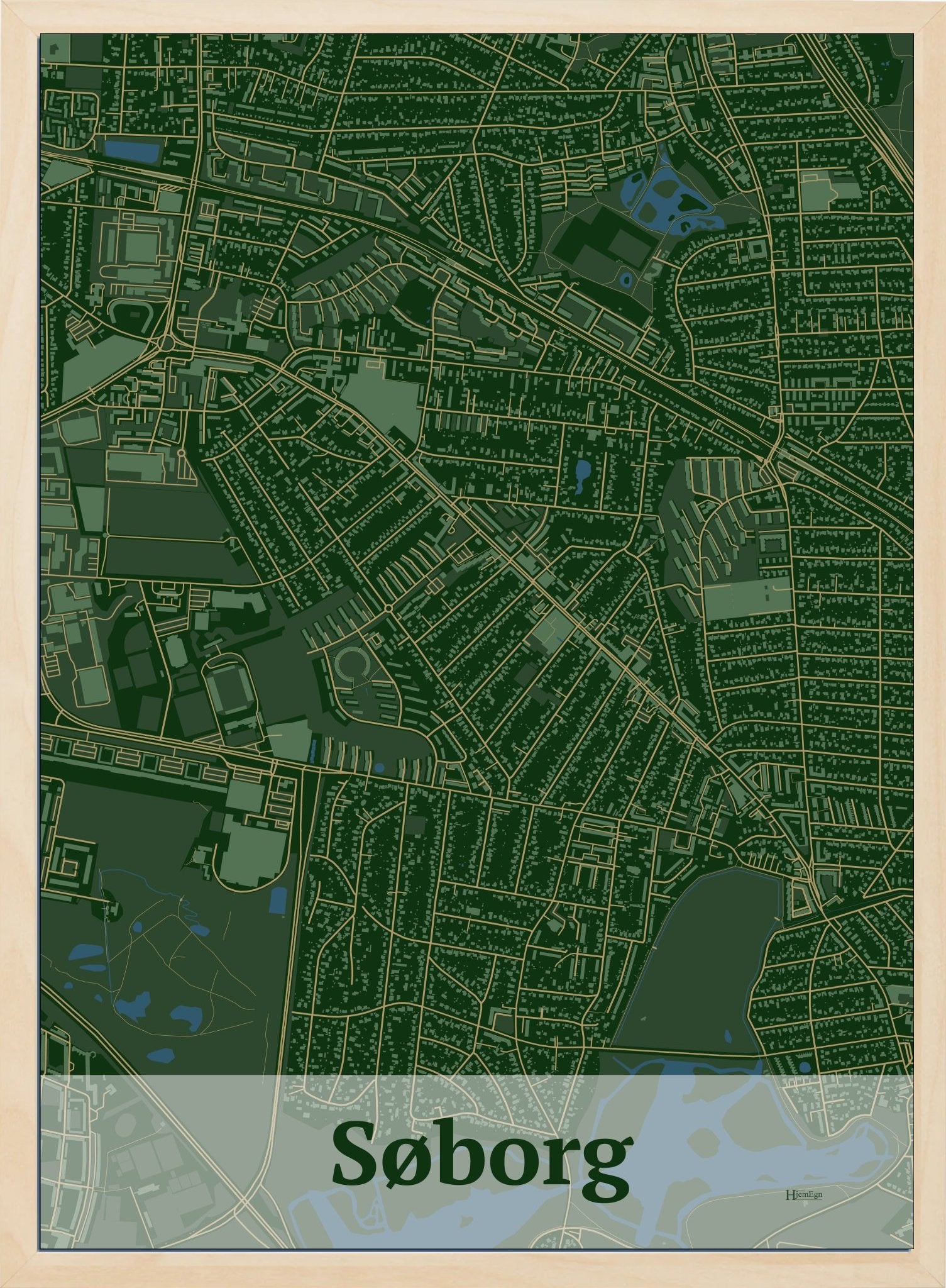 Søborg plakat i farve mørk grøn og HjemEgn.dk design firkantet. Design bykort for Søborg