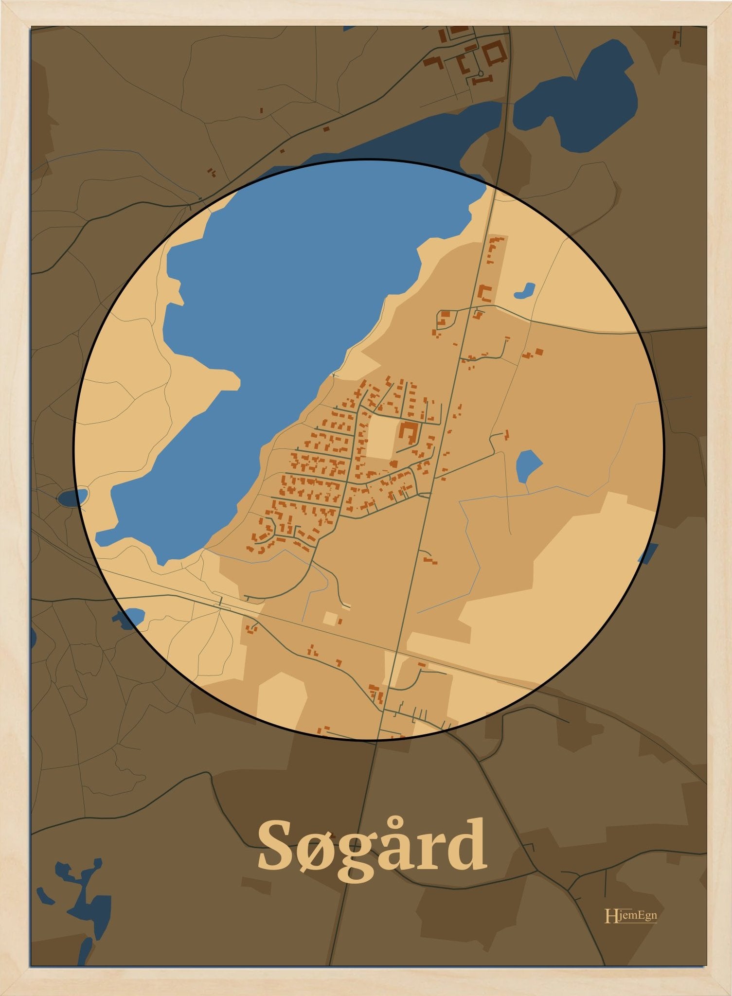 Søgård plakat i farve pastel brun og HjemEgn.dk design centrum. Design bykort for Søgård