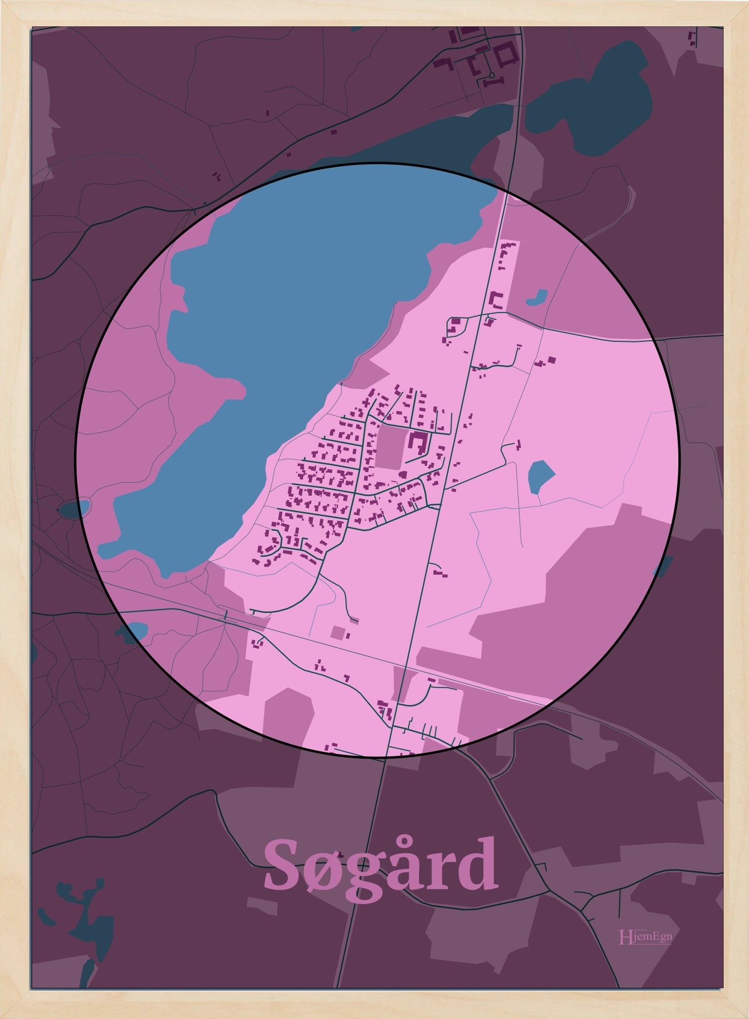 Søgård plakat i farve pastel rød og HjemEgn.dk design centrum. Design bykort for Søgård