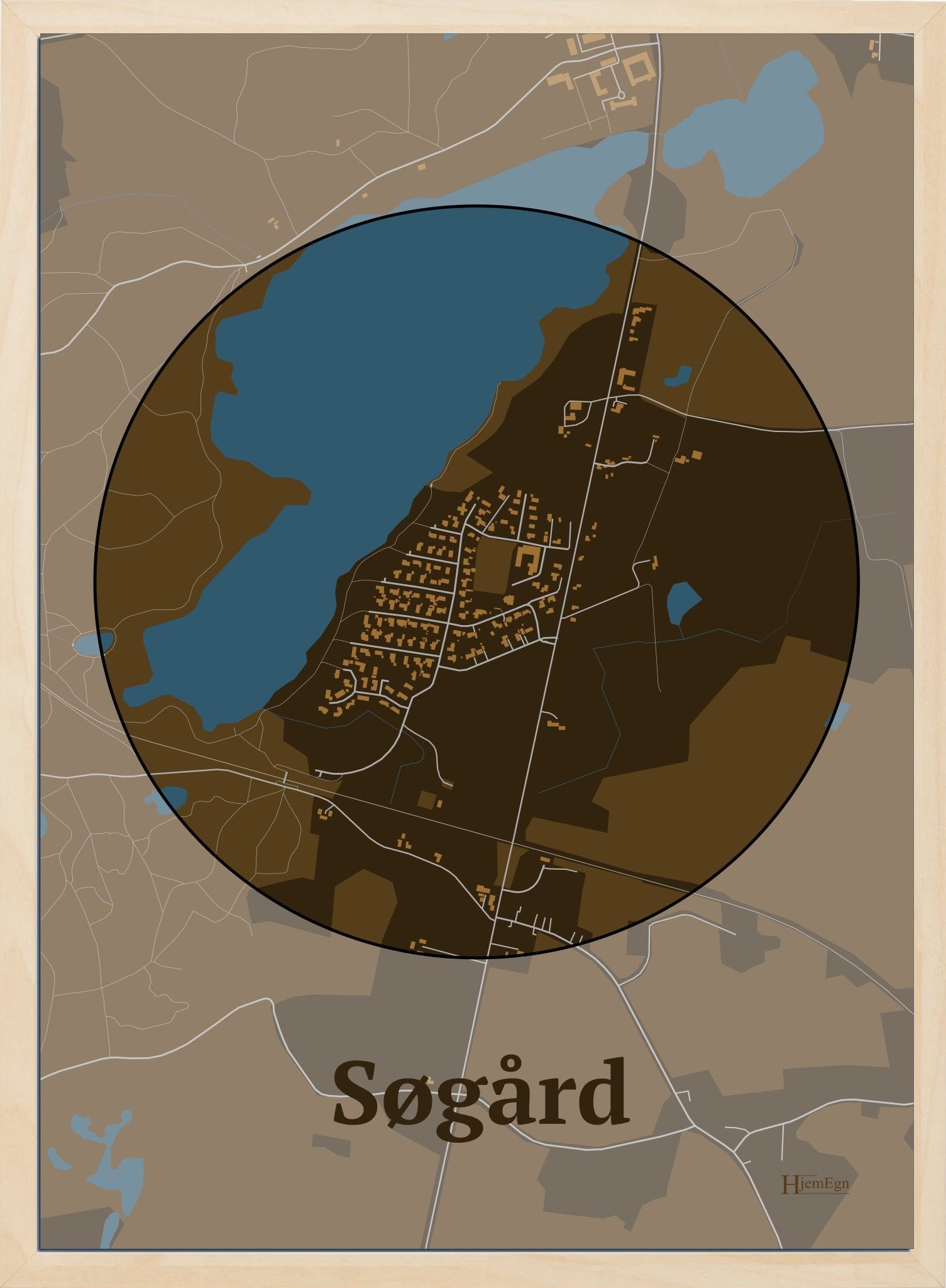 Søgård plakat i farve mørk brun og HjemEgn.dk design centrum. Design bykort for Søgård