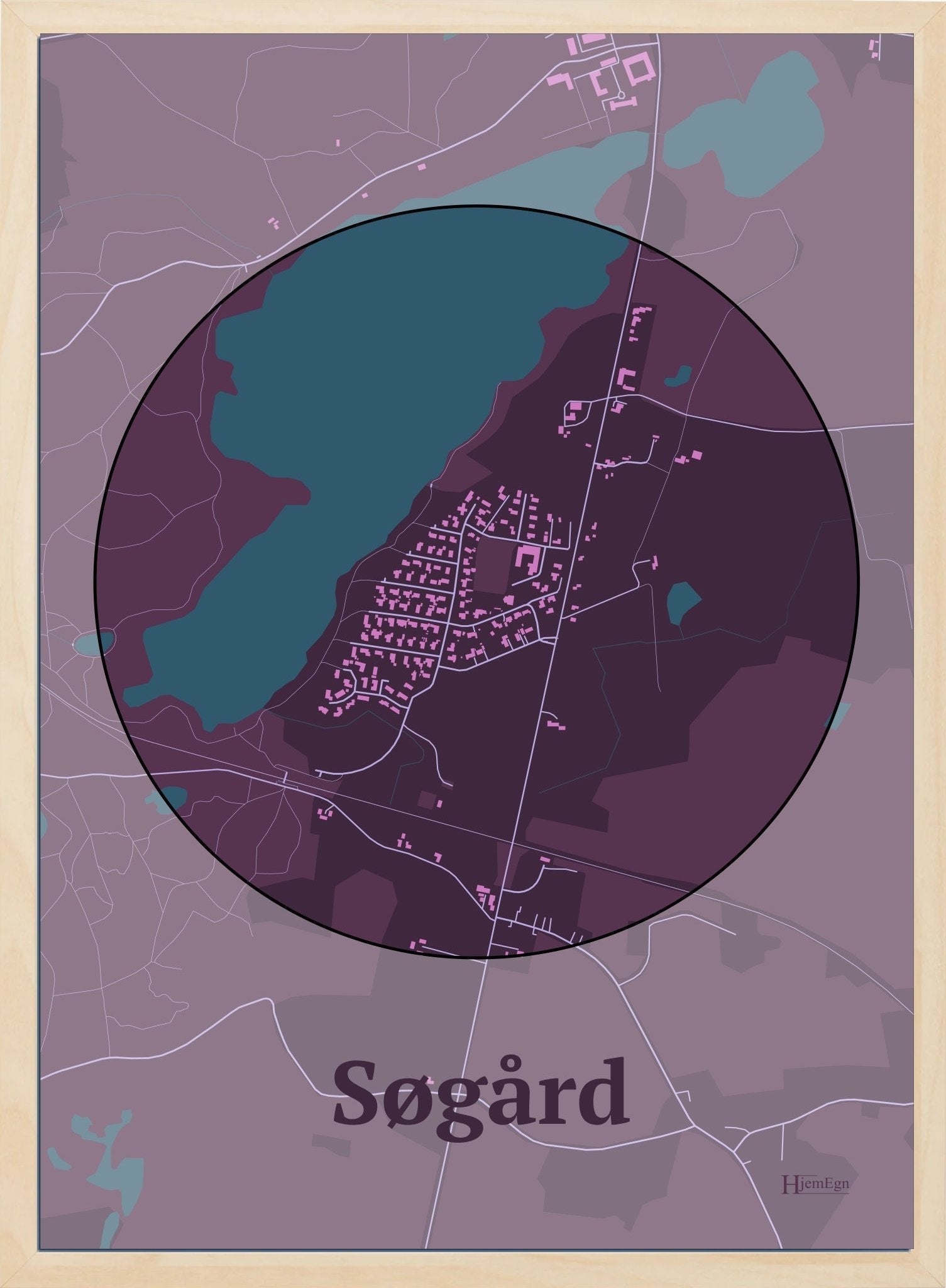 Søgård plakat i farve mørk rød og HjemEgn.dk design centrum. Design bykort for Søgård