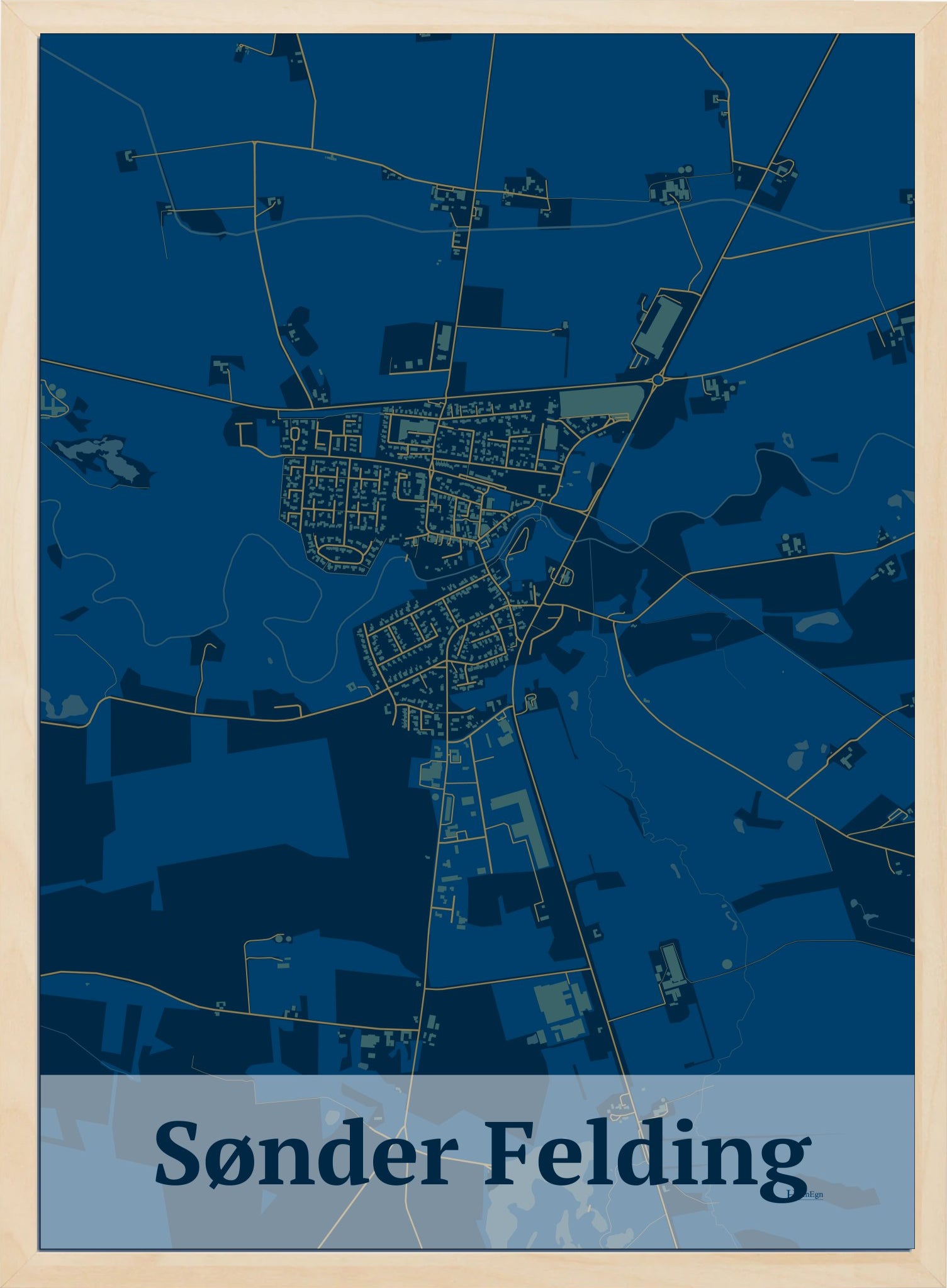 Sønder Felding plakat i farve mørk blå og HjemEgn.dk design firkantet. Design bykort for Sønder Felding