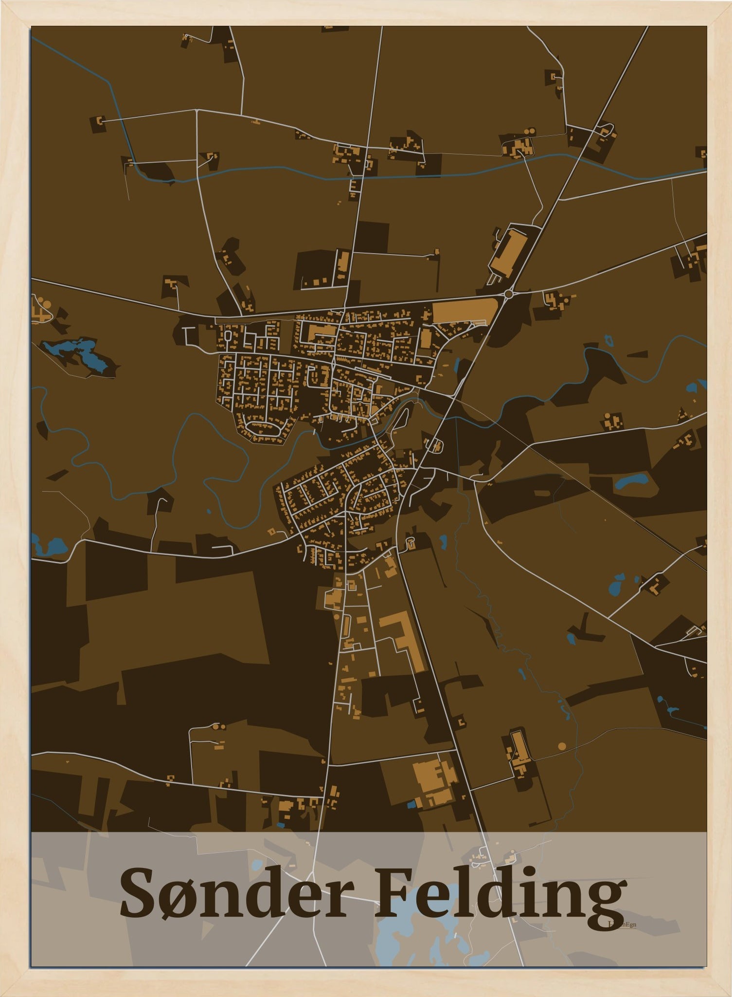 Sønder Felding plakat i farve mørk brun og HjemEgn.dk design firkantet. Design bykort for Sønder Felding