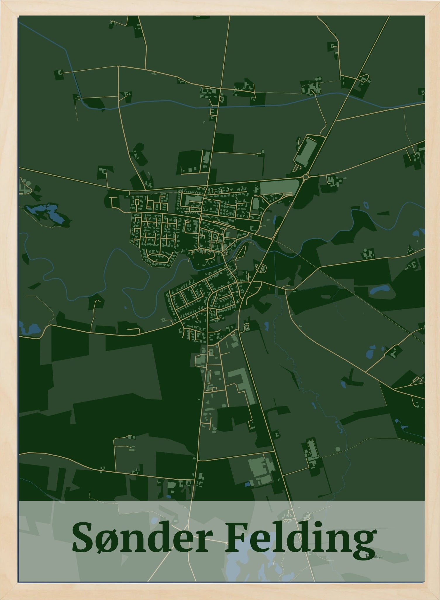 Sønder Felding plakat i farve mørk grøn og HjemEgn.dk design firkantet. Design bykort for Sønder Felding