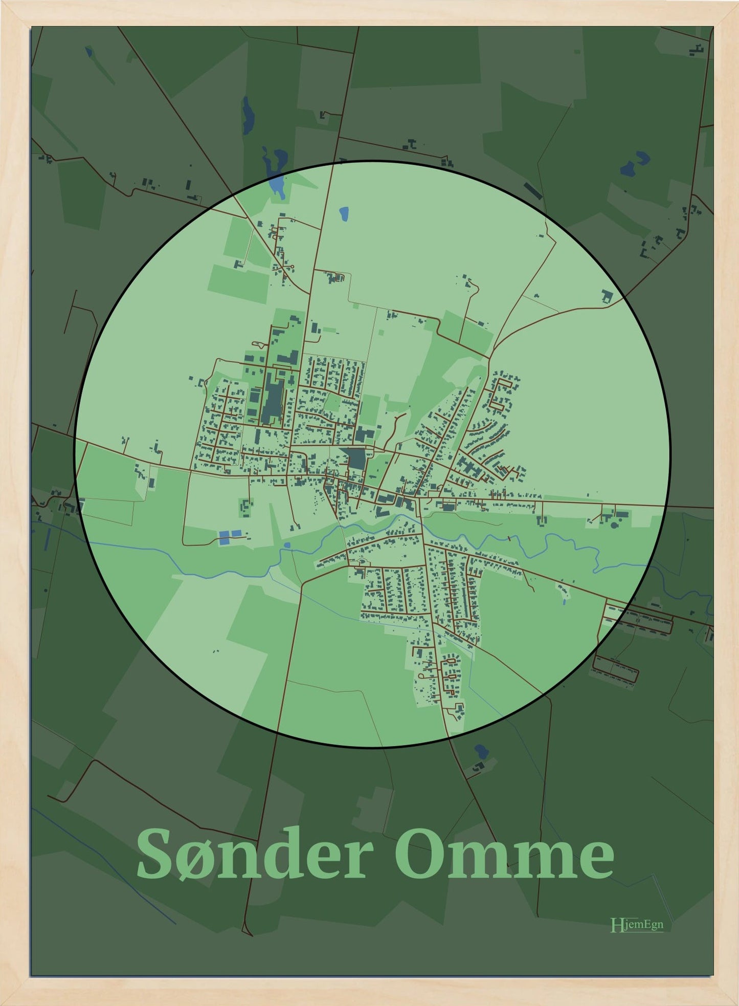 Sønder Omme plakat i farve pastel grøn og HjemEgn.dk design centrum. Design bykort for Sønder Omme
