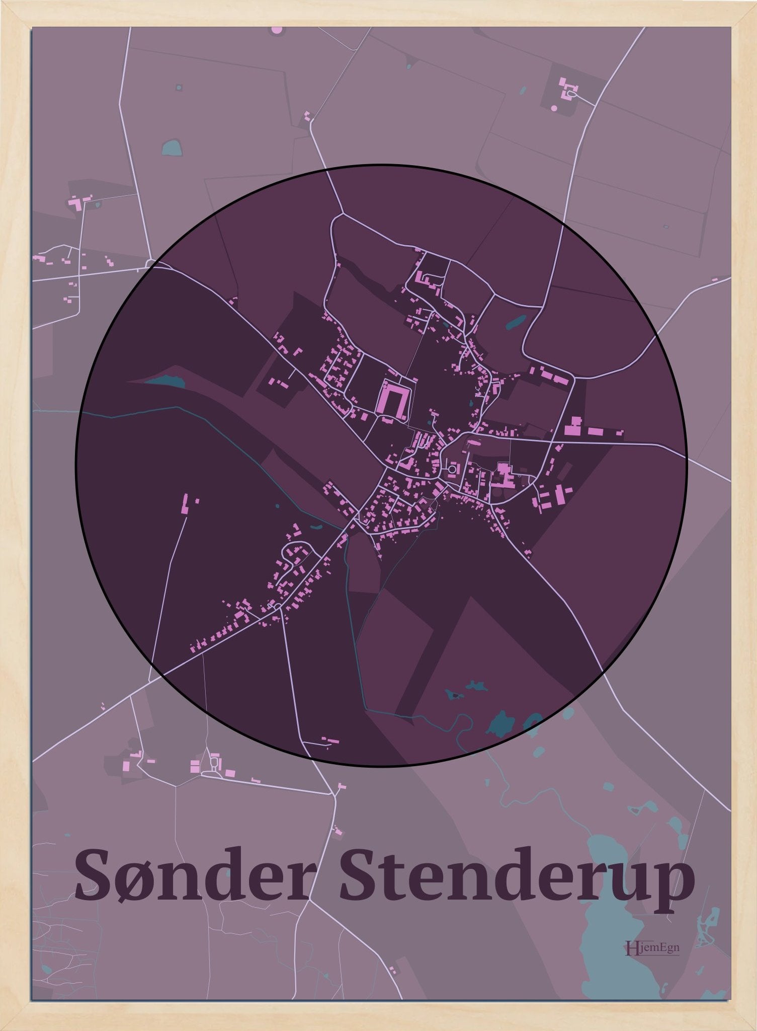 Sønder Stenderup plakat i farve mørk rød og HjemEgn.dk design centrum. Design bykort for Sønder Stenderup