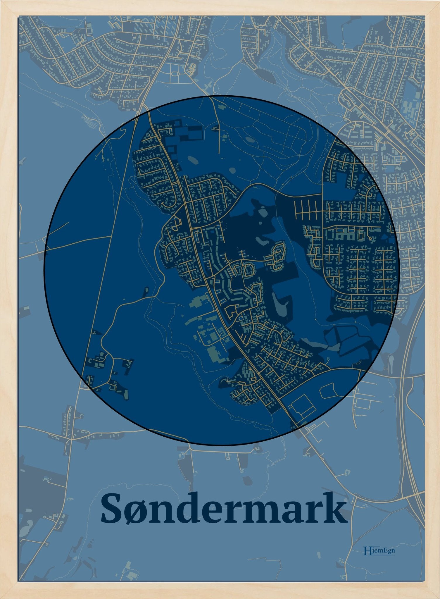Søndermark plakat i farve mørk blå og HjemEgn.dk design centrum. Design bykort for Søndermark