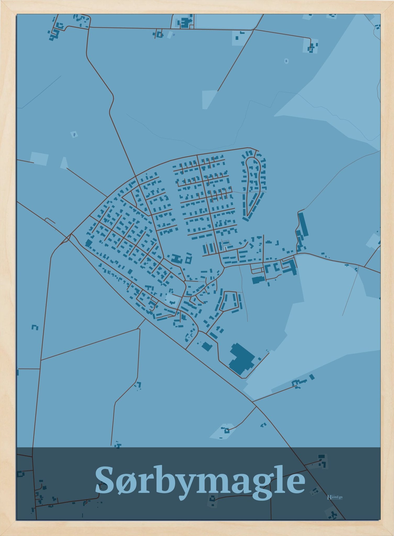 Sørbymagle plakat i farve pastel blå og HjemEgn.dk design firkantet. Design bykort for Sørbymagle