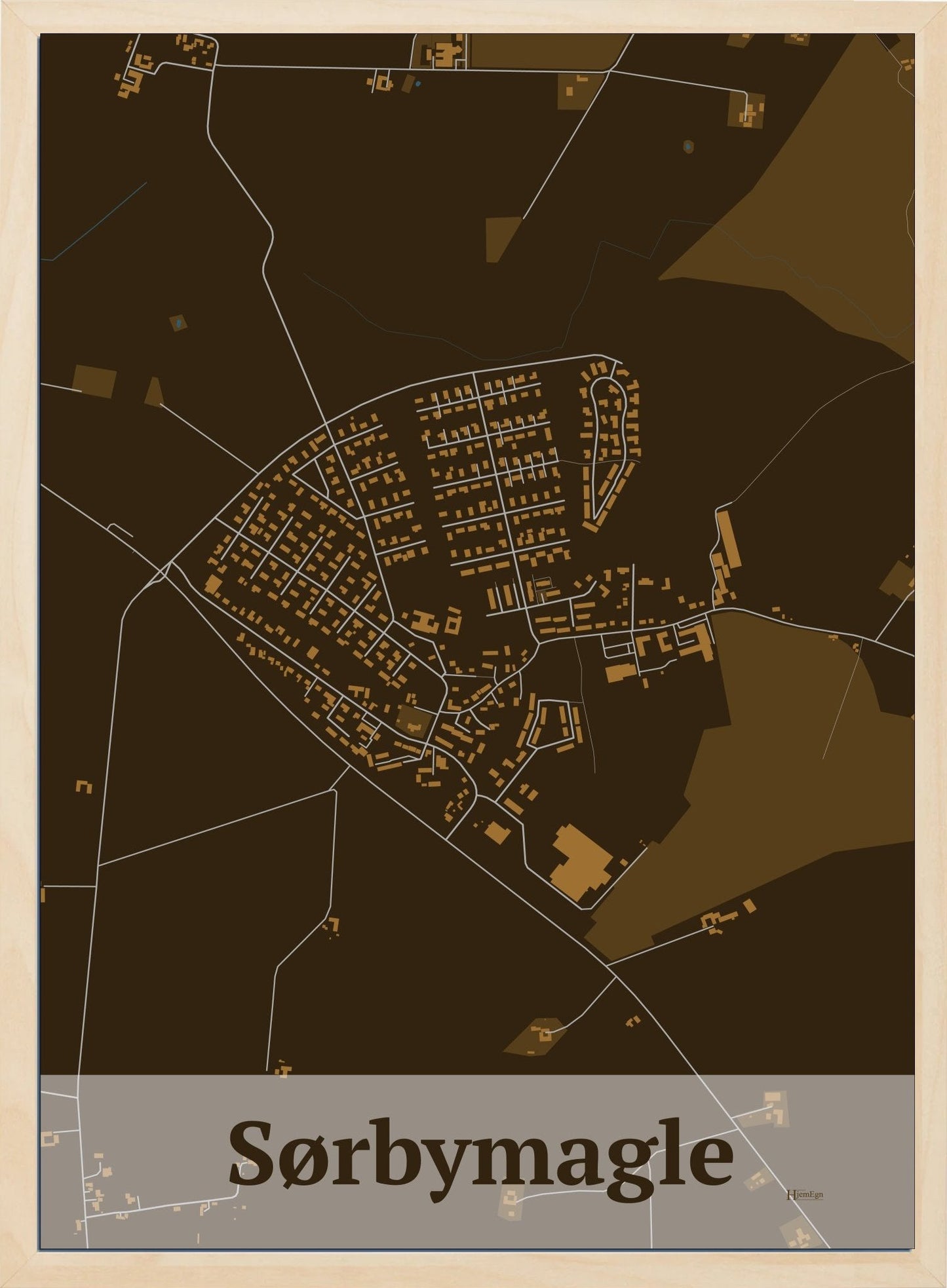 Sørbymagle plakat i farve mørk brun og HjemEgn.dk design firkantet. Design bykort for Sørbymagle