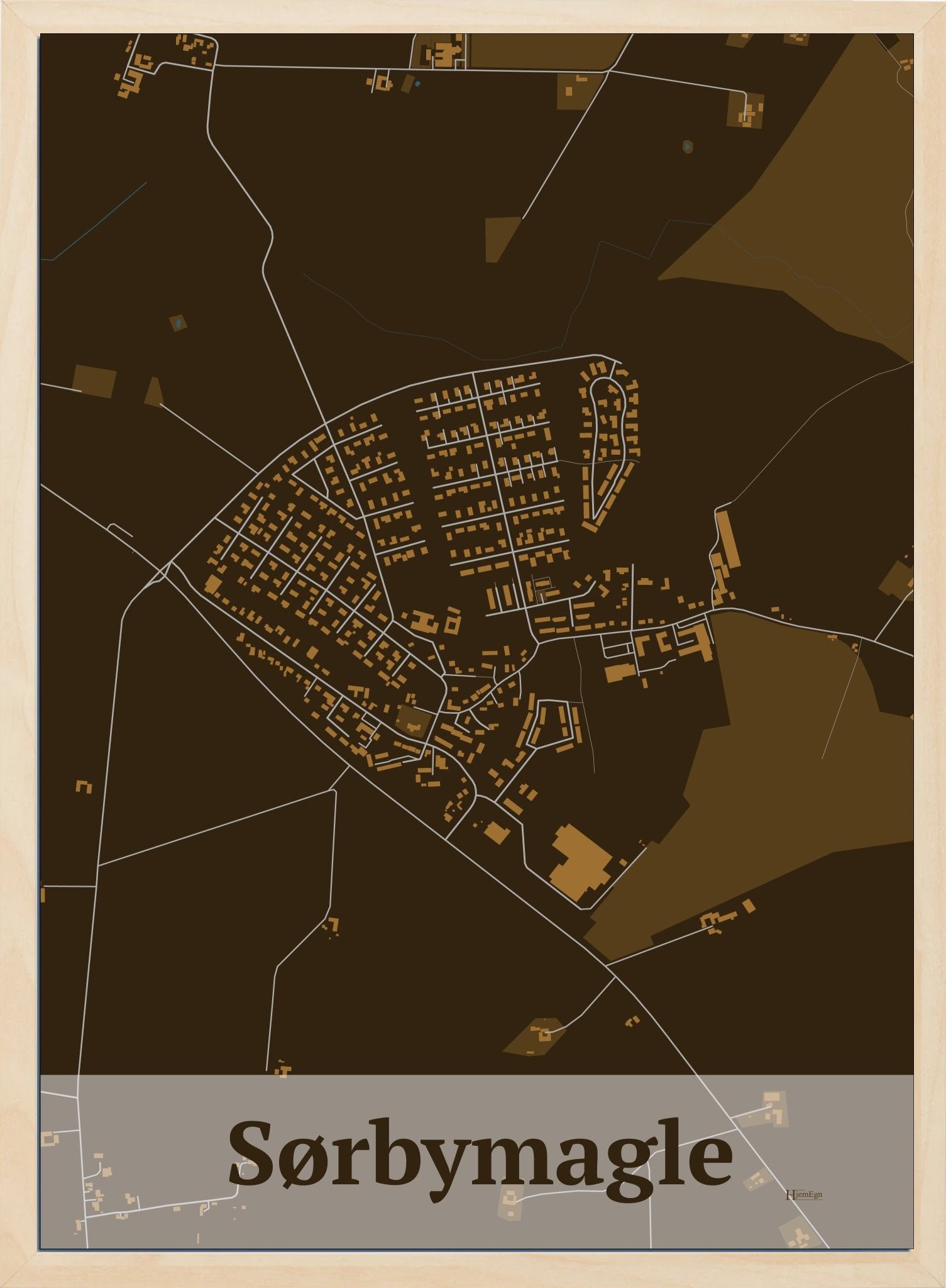 Sørbymagle plakat i farve mørk brun og HjemEgn.dk design firkantet. Design bykort for Sørbymagle