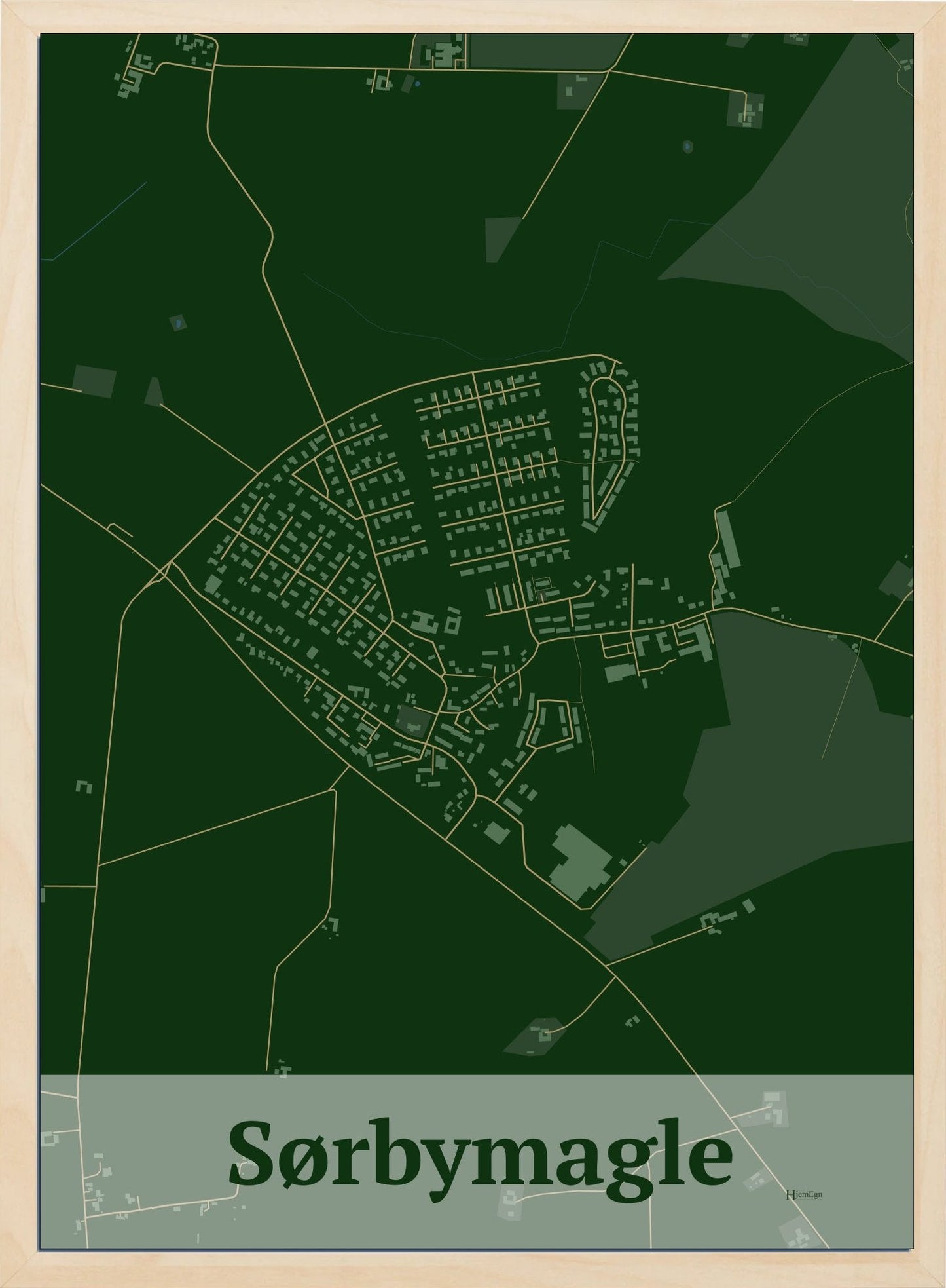 Sørbymagle plakat i farve mørk grøn og HjemEgn.dk design firkantet. Design bykort for Sørbymagle