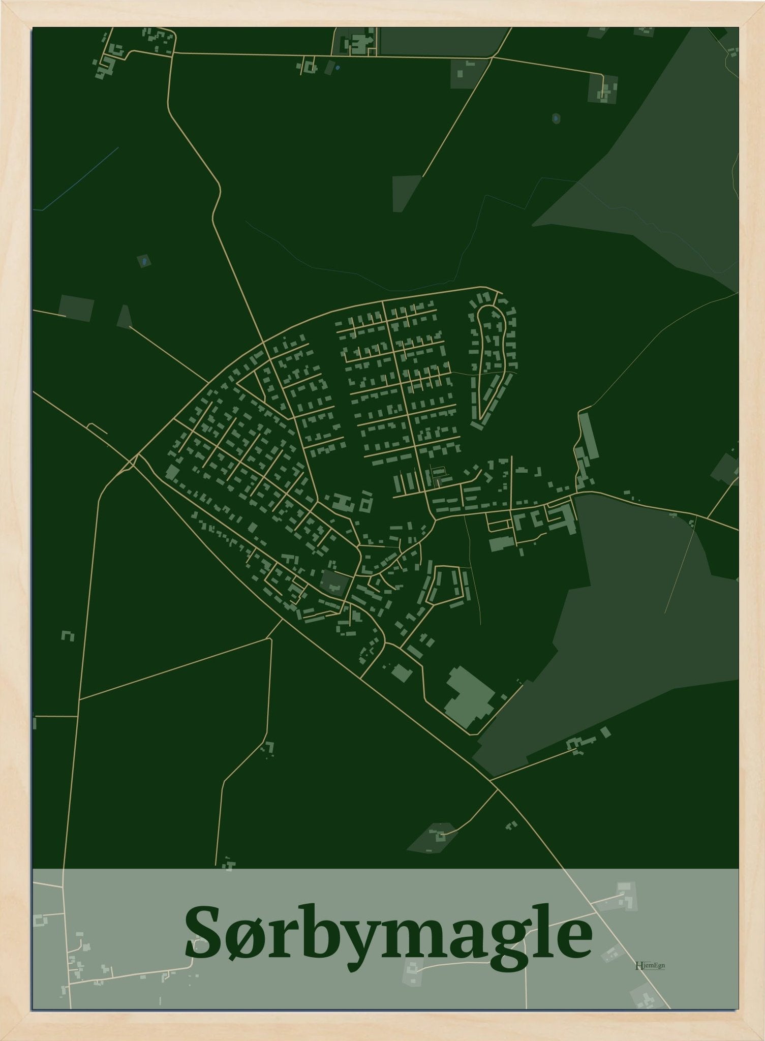 Sørbymagle plakat i farve mørk grøn og HjemEgn.dk design firkantet. Design bykort for Sørbymagle