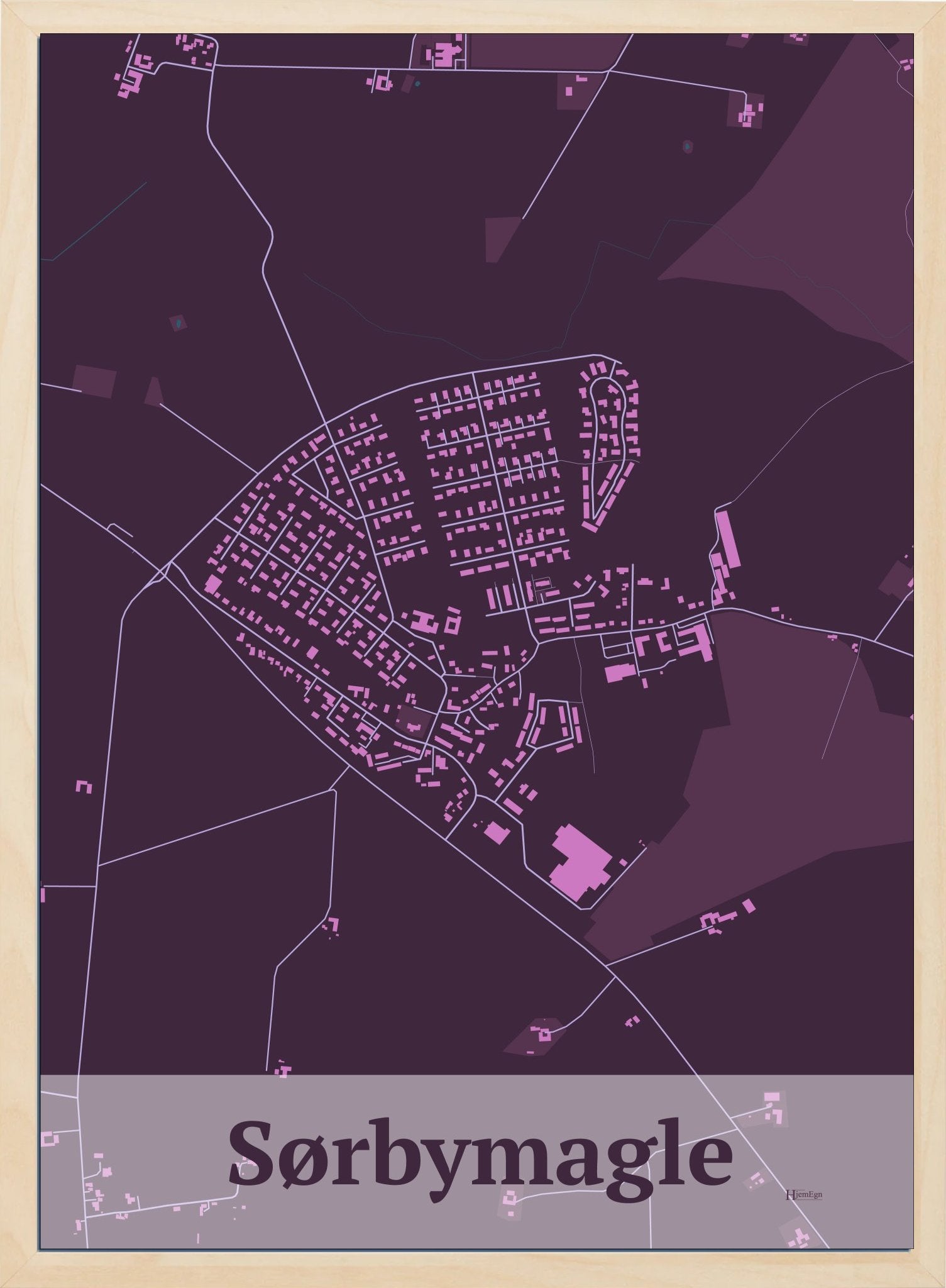 Sørbymagle plakat i farve mørk rød og HjemEgn.dk design firkantet. Design bykort for Sørbymagle