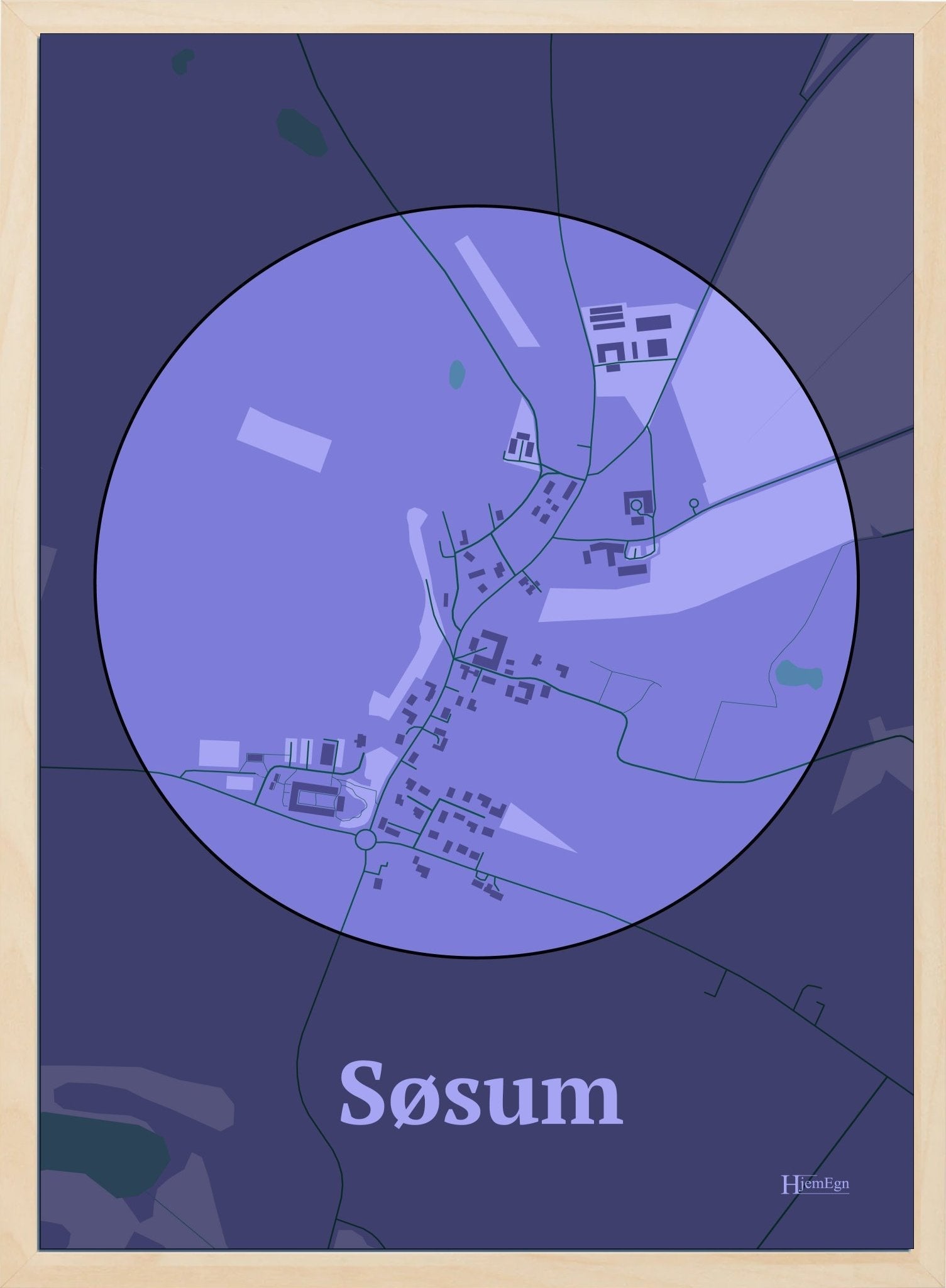 Søsum plakat i farve pastel lilla og HjemEgn.dk design centrum. Design bykort for Søsum