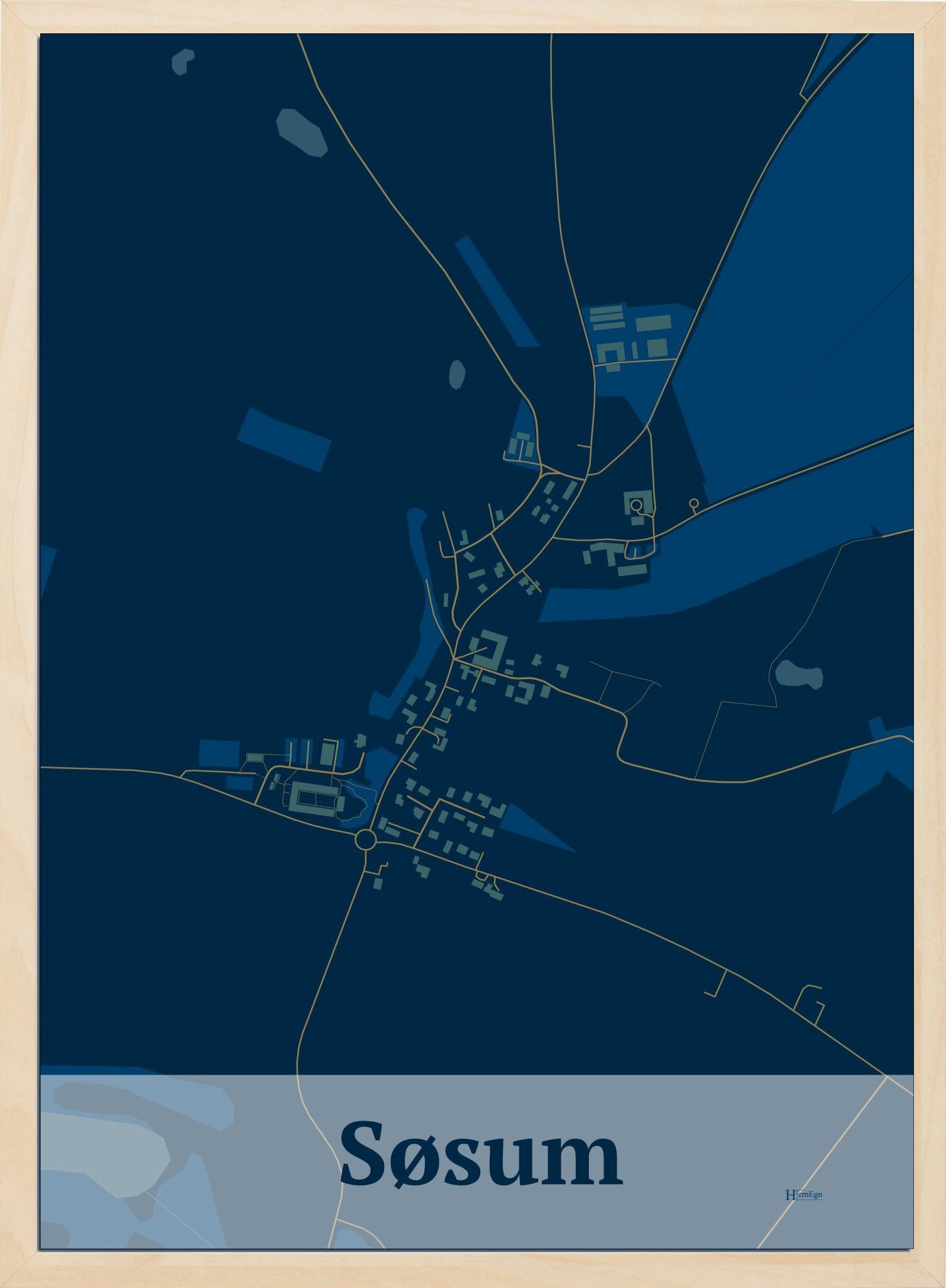 Søsum plakat i farve mørk blå og HjemEgn.dk design firkantet. Design bykort for Søsum