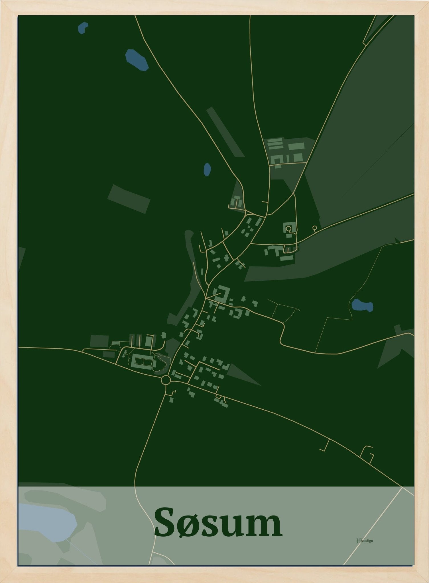 Søsum plakat i farve mørk grøn og HjemEgn.dk design firkantet. Design bykort for Søsum