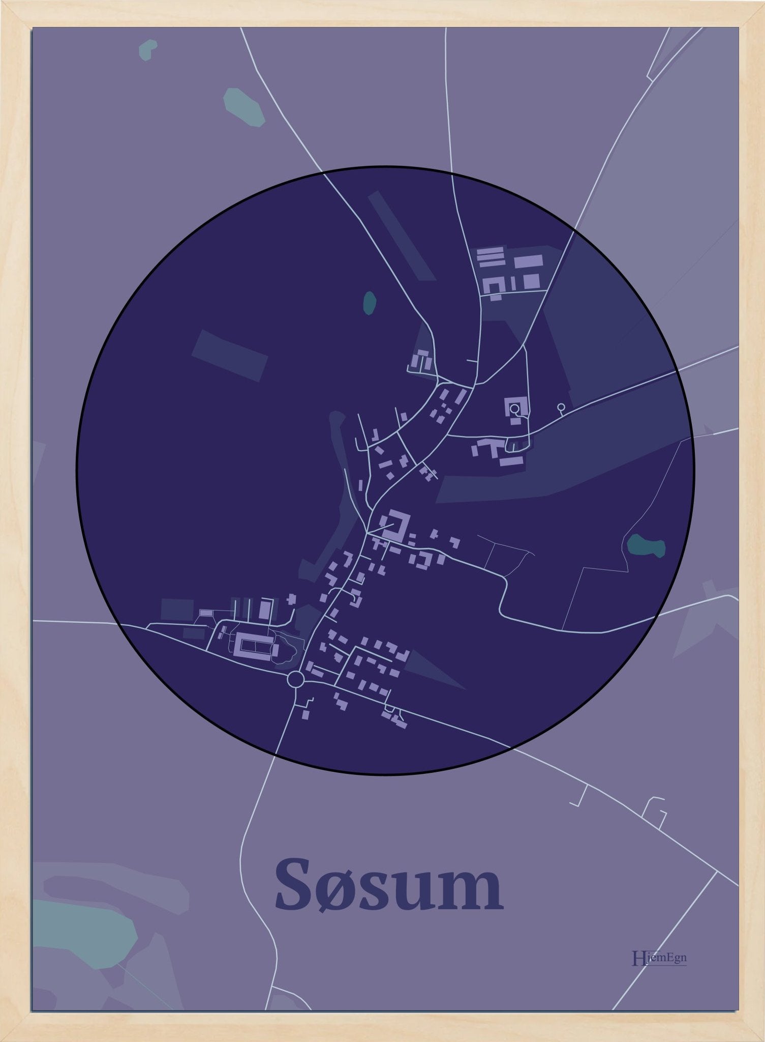 Søsum plakat i farve mørk lilla og HjemEgn.dk design centrum. Design bykort for Søsum