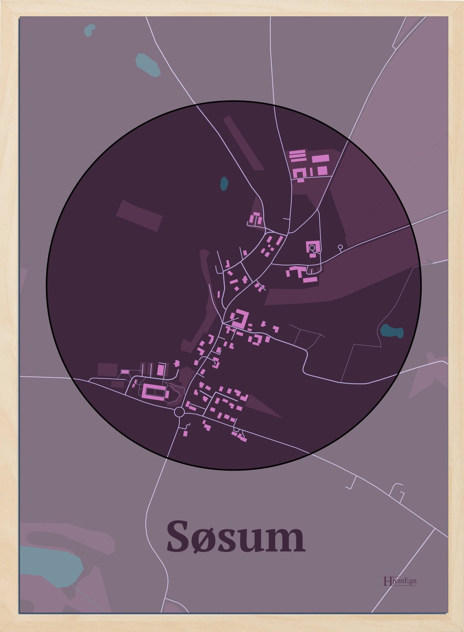Søsum plakat i farve mørk rød og HjemEgn.dk design centrum. Design bykort for Søsum