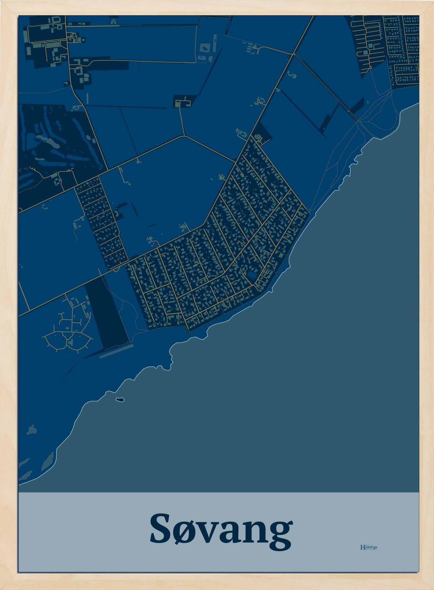 Søvang plakat i mørk blå og HjemEgn.dk design firkantet. Design bykort for Søvang