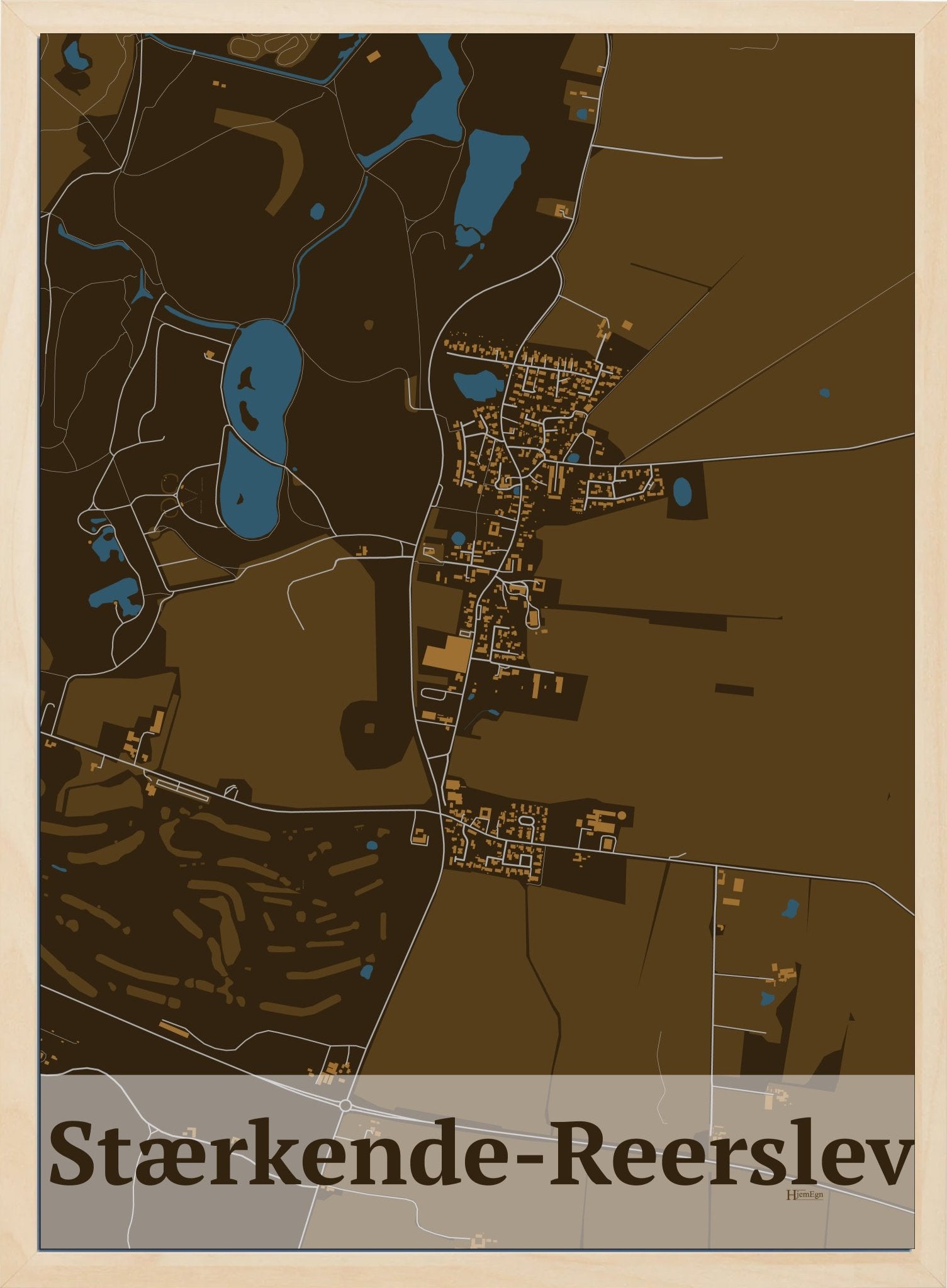 Stærkende-reerslev plakat i farve mørk brun og HjemEgn.dk design firkantet. Design bykort for Stærkende-reerslev